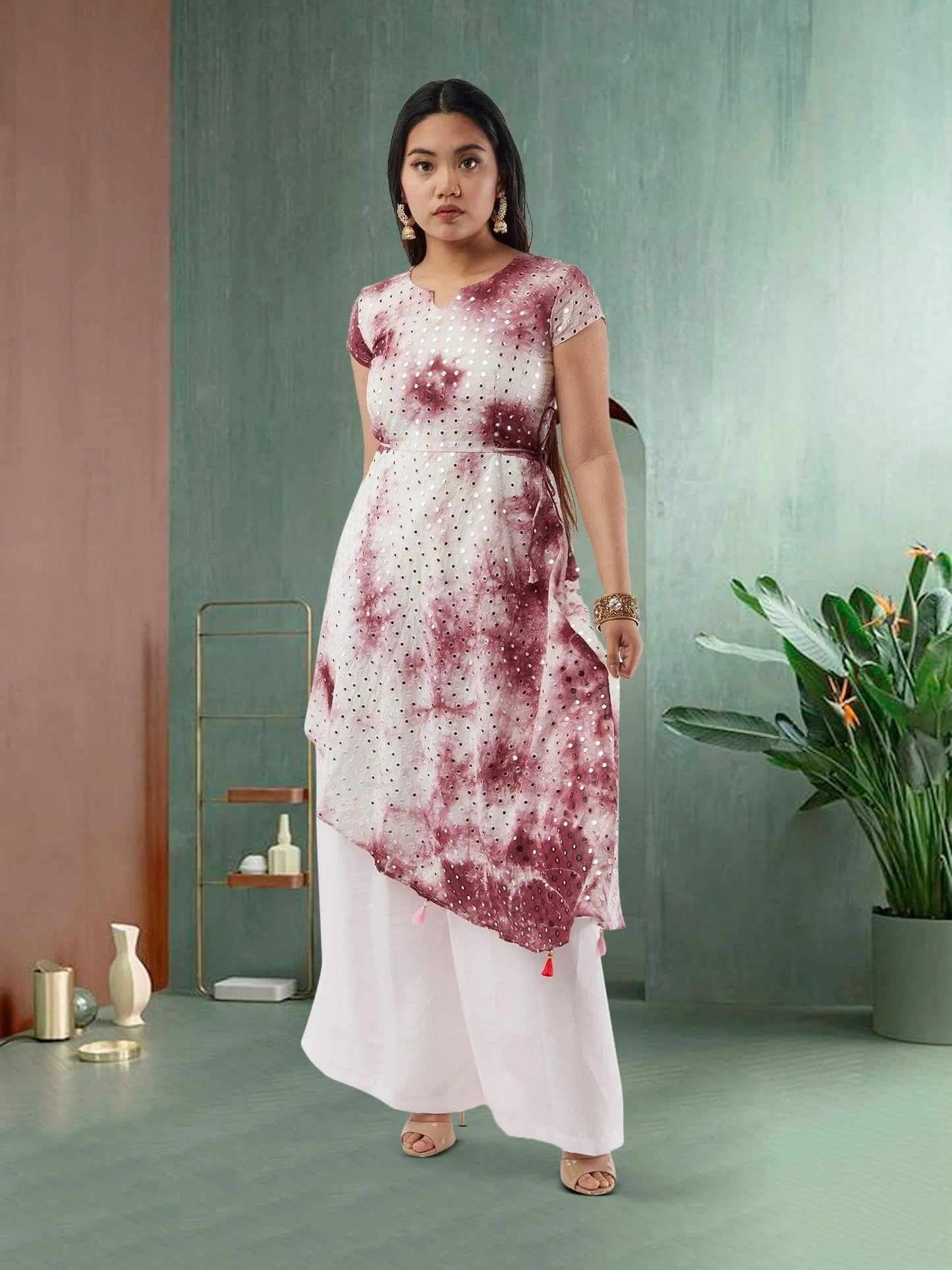 Maroon and Pink Diagonal Palazzo Suit with Mirror Work | Salwar Kameez | Indian Ethnic Wear | Salwar Kameez Online | kameez-salwar-suit
