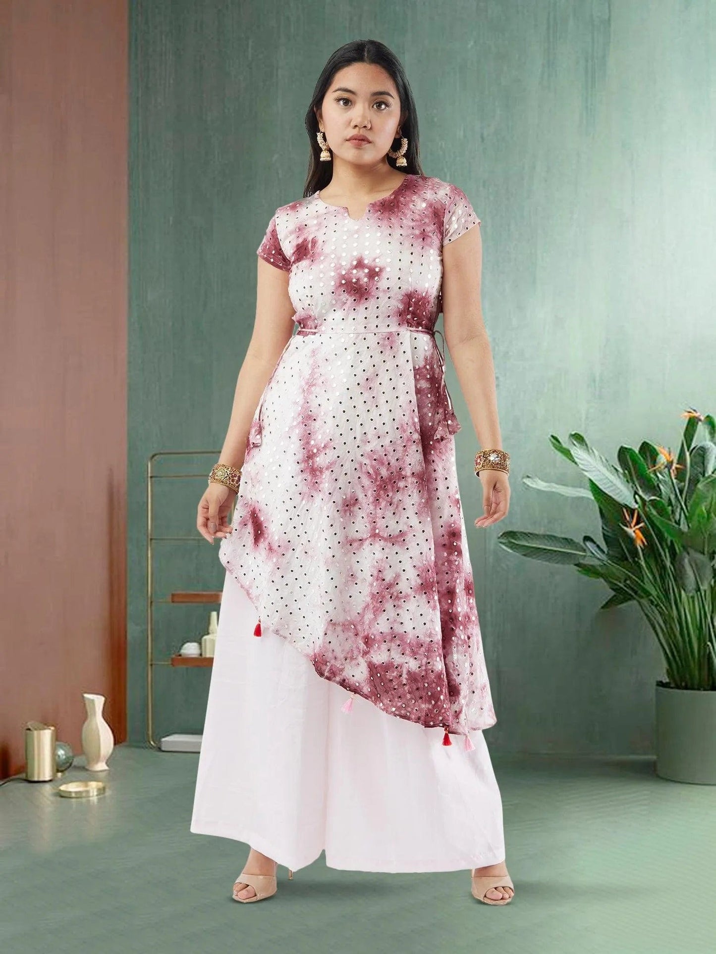 Maroon and Pink Diagonal Palazzo Suit with Mirror Work | Salwar Kameez | Indian Ethnic Wear | Salwar Kameez Online | kameez-salwar-suit