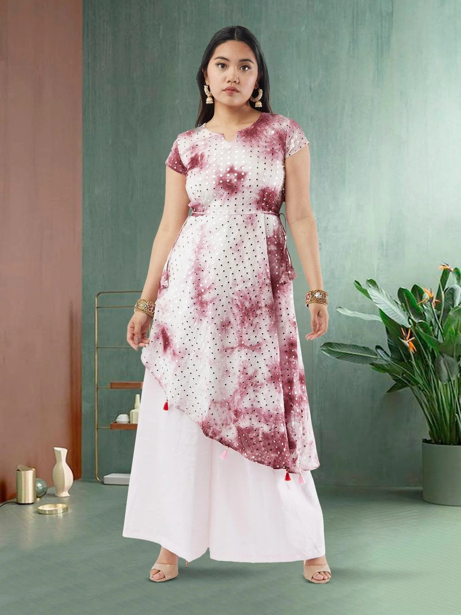 Maroon and Pink Diagonal Palazzo Suit with Mirror Work | Salwar Kameez | Indian Ethnic Wear | Salwar Kameez Online | kameez-salwar-suit