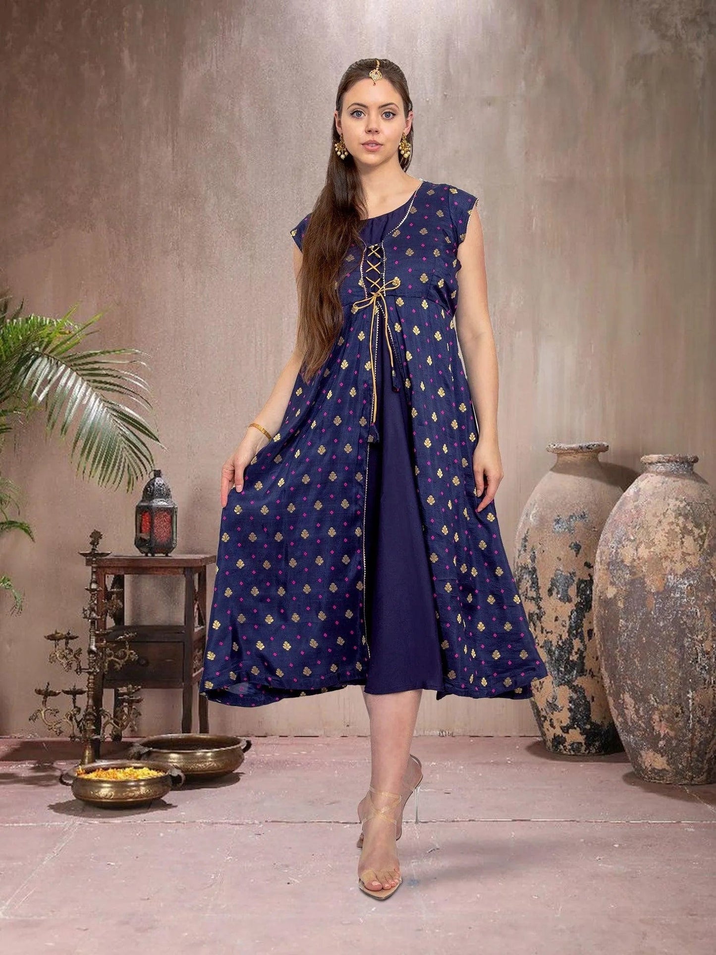 Midnight Blue Silk Knee Length Dress | indian party dress for women | indian wear usa | Modern Indian Wear | Indian Attire For Women | indian dress in usa online | Indian Dresses From India