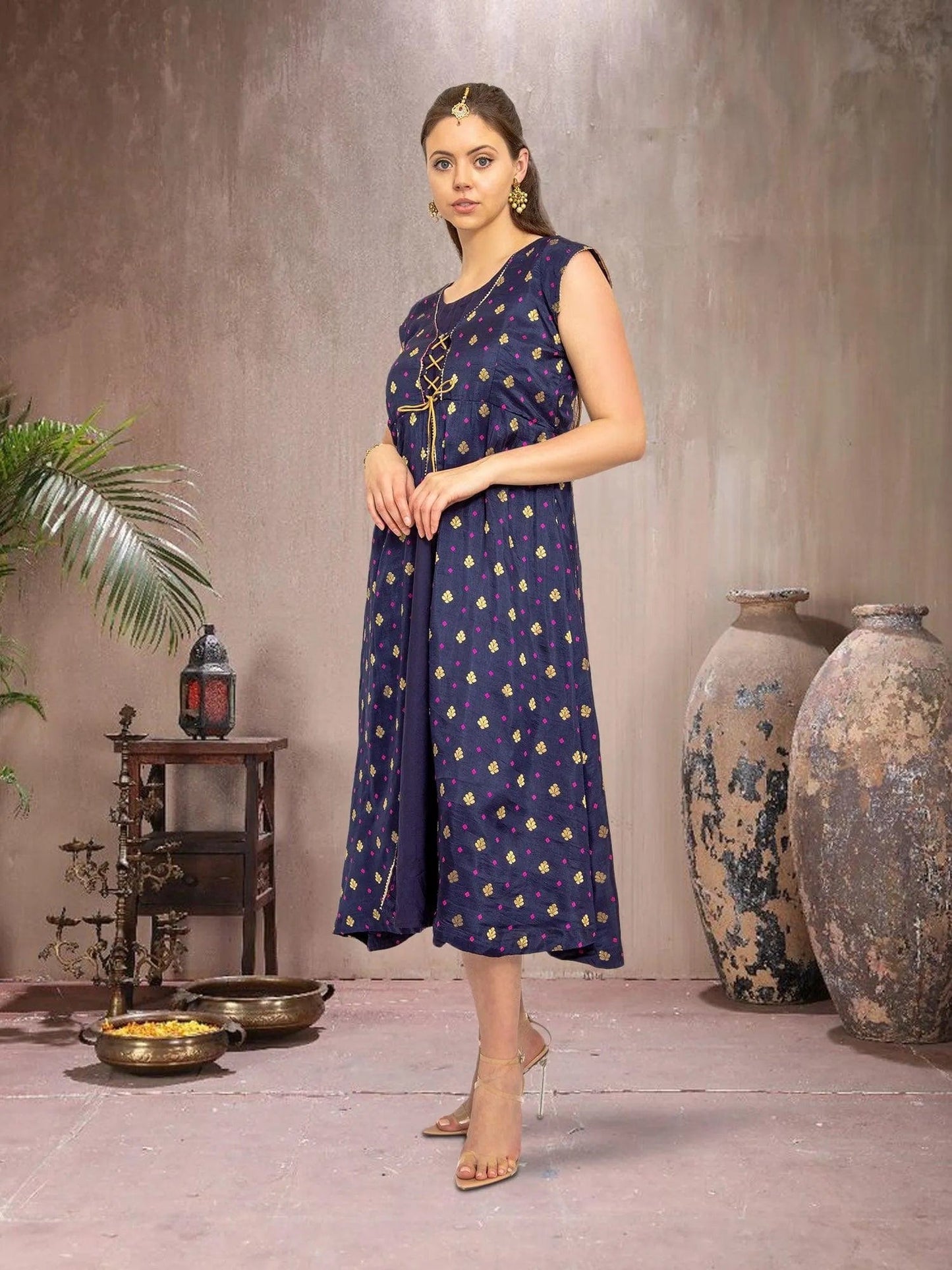 Midnight Blue Silk Knee Length Dress | indian party dress for women | indian wear usa | Modern Indian Wear | Indian Attire For Women | indian dress in usa online | Indian Dresses From India