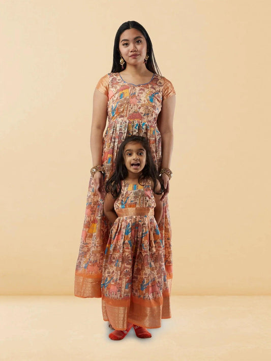 Cream Kalankari Print Length Dresses for Mom and Daughter Matching Dress | Muvvas Boutique | Mother Daughter Dress Matching