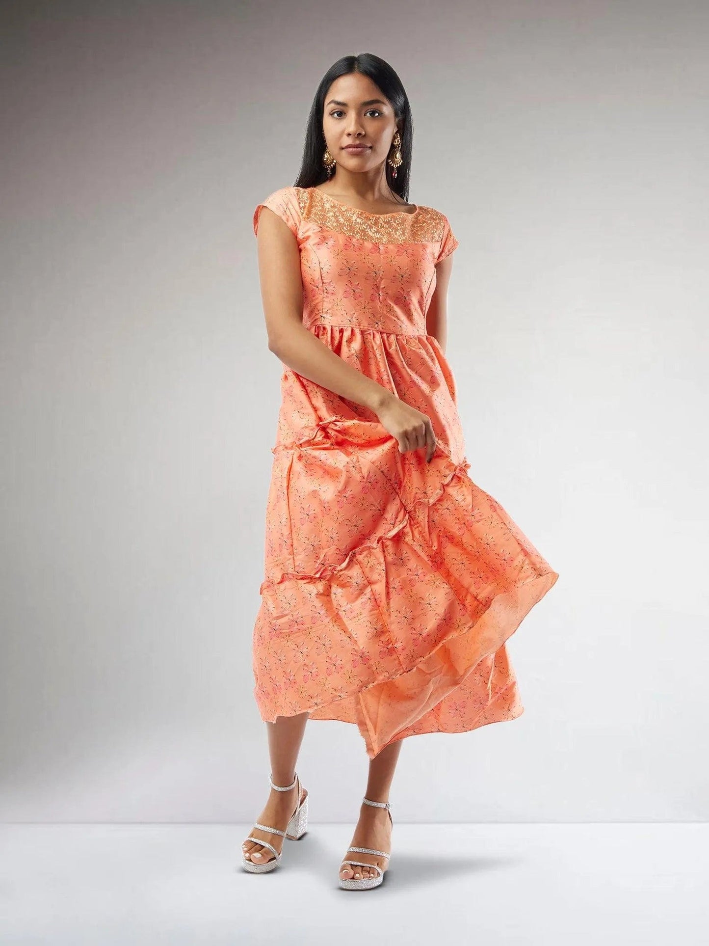 Orange Printed Silk Knee Length Tiered Dress | Indo Western Dress | Modern Indian Wear | indian outfits usa | Indo Western Outfits | indian clothing online usa