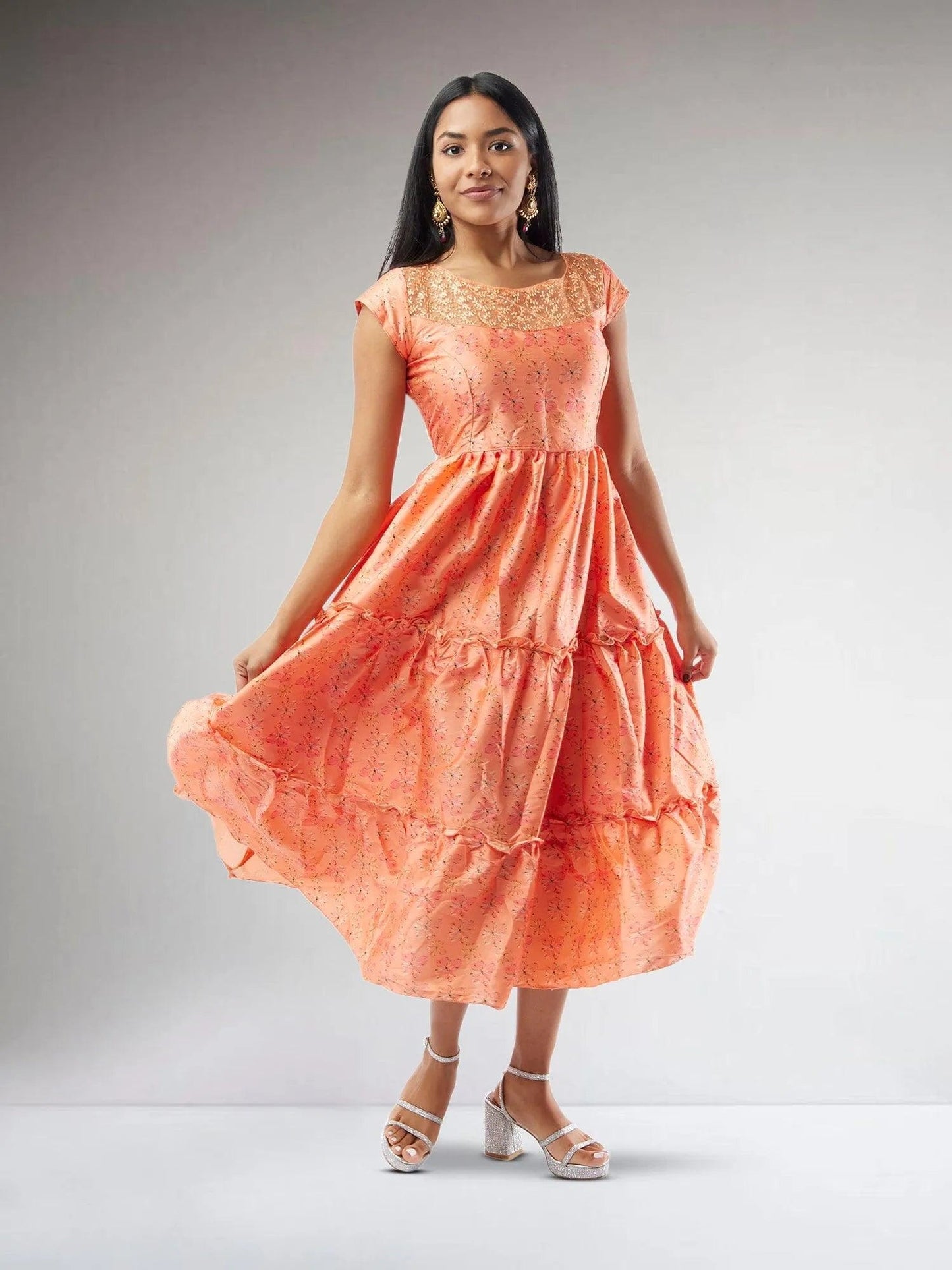 Orange Printed Silk Knee Length Tiered Dress | Indo Western Dress | Modern Indian Wear | indian outfits usa | Indo Western Outfits | indian clothing online usa