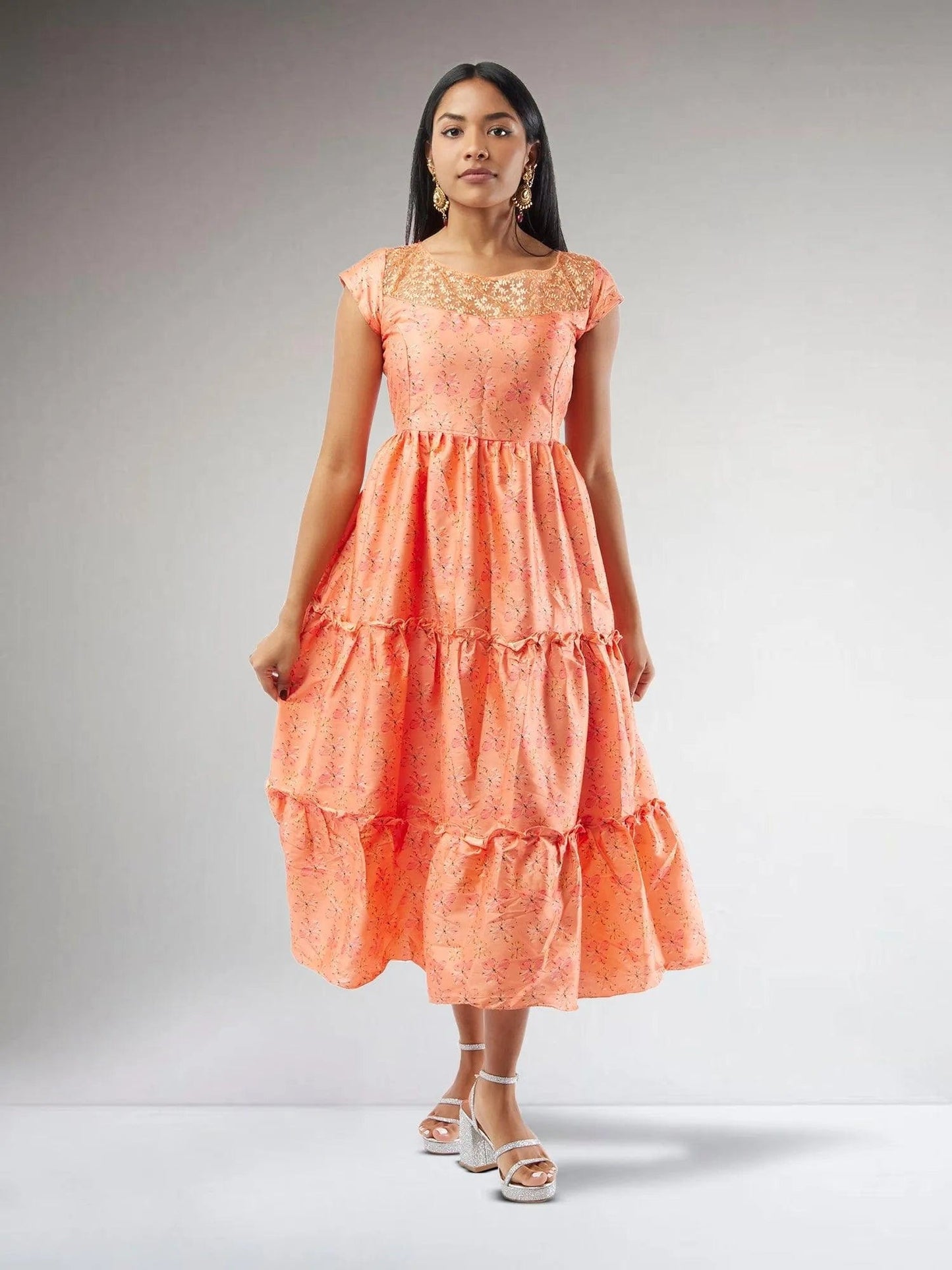 Orange Printed Silk Knee Length Tiered Dress | Indo Western Dress | Modern Indian Wear | indian outfits usa | Indo Western Outfits | indian clothing online usa
