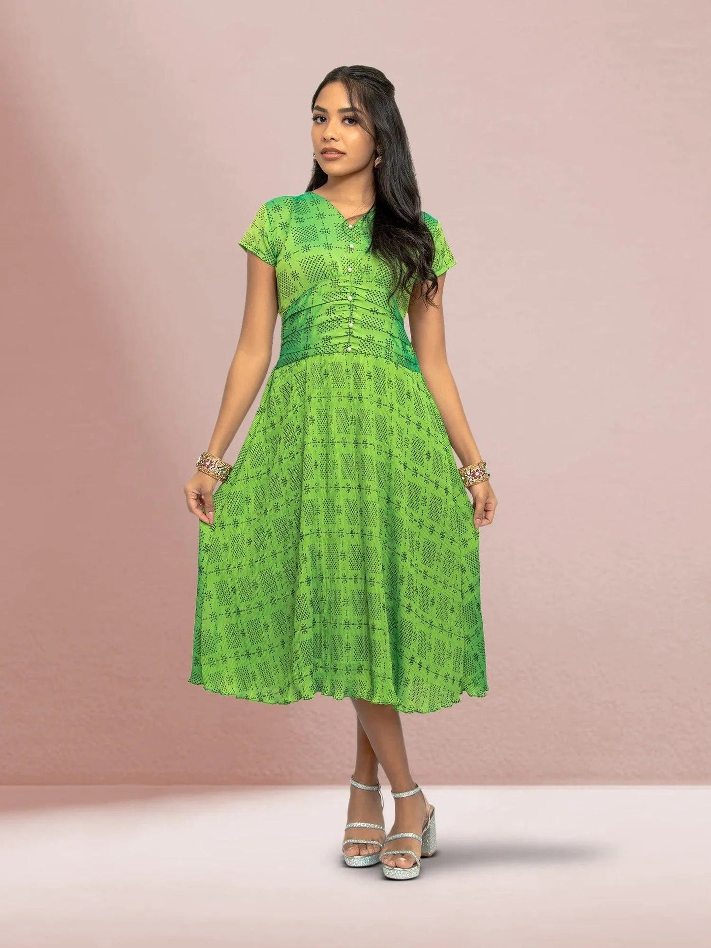 Parrot Green Crushed Dress - Versatile Fusion | Indian Contemporary Clothing | Indian Ethnic Wear | Modern Indian Wear | Indian Attire For Women | indian dress in usa online | Indian Dresses From India