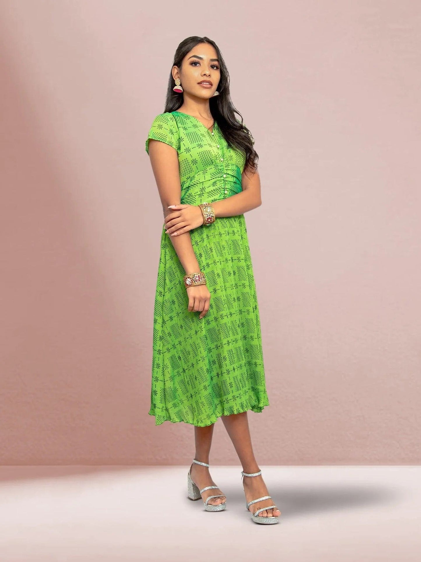 Parrot Green Crushed Dress - Versatile Fusion | Indian Contemporary Clothing | Indian Ethnic Wear | Modern Indian Wear | Indian Attire For Women | indian dress in usa online | Indian Dresses From India