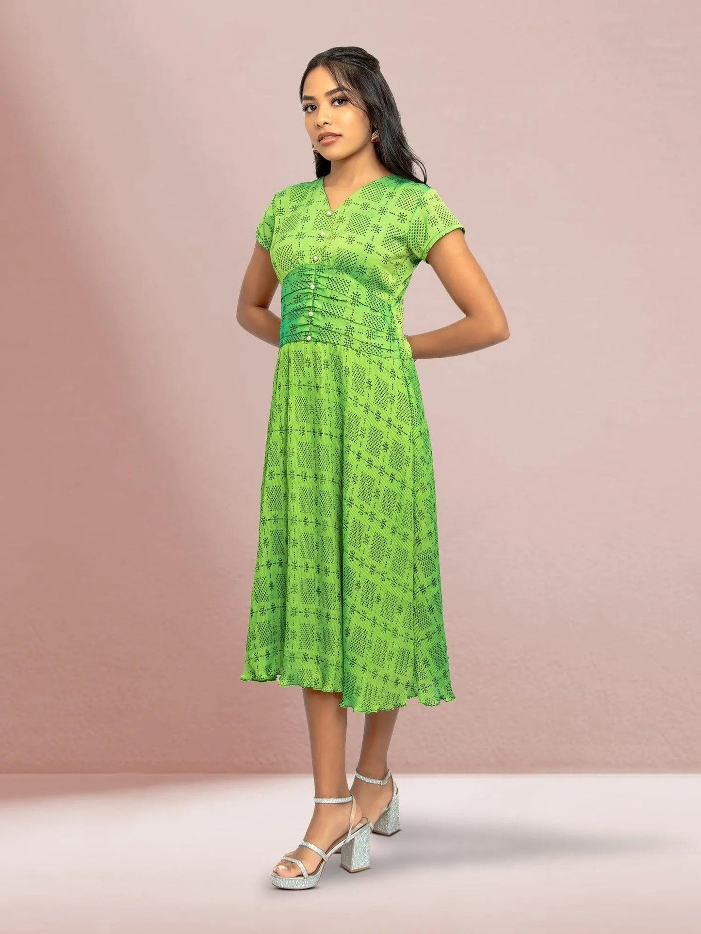 Parrot Green Crushed Dress - Versatile Fusion | Indian Contemporary Clothing | Indian Ethnic Wear | Modern Indian Wear | Indian Attire For Women | indian dress in usa online | Indian Dresses From India