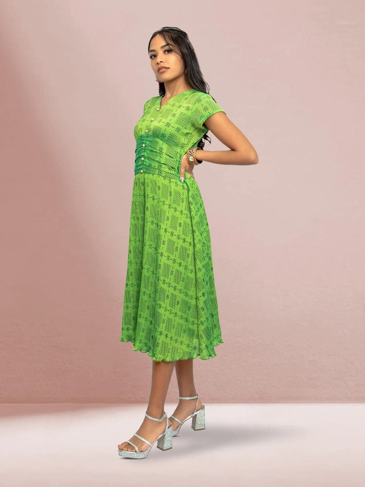 Parrot Green Crushed Dress - Versatile Fusion | Indian Contemporary Clothing | Indian Ethnic Wear | Modern Indian Wear | Indian Attire For Women | indian dress in usa online | Indian Dresses From India