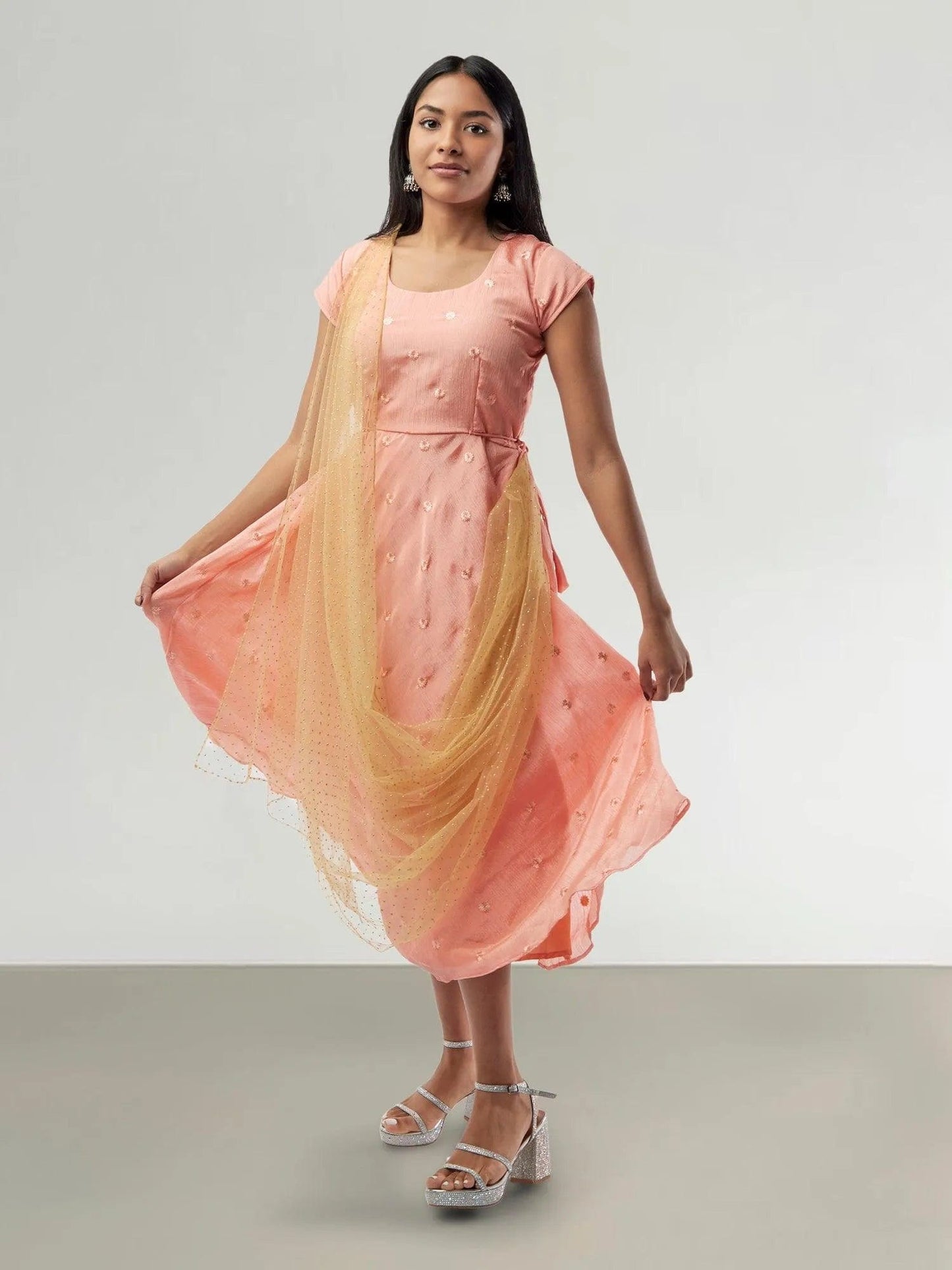 Peach Banarasi Georgette Dress with Gold Net Dupatta | Indian Ethnic Wear | Indian Attire For Women | festive indian wear | indian wear usa | Indo Western Outfits