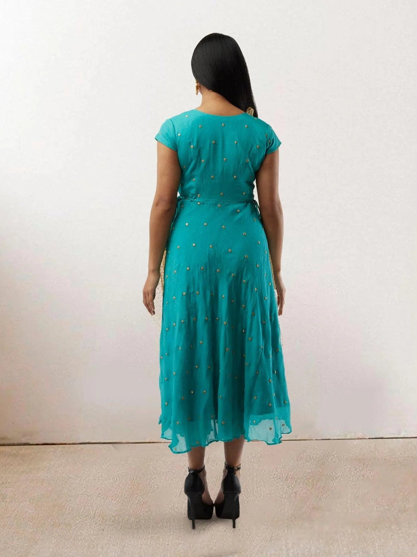 Persian Green Banarasi Georgette Dress with Gold Net Duppatta | Indian Ethnic Wear | Indian Attire For Women | festive indian wear | indian wear usa | Indo Western Outfits
