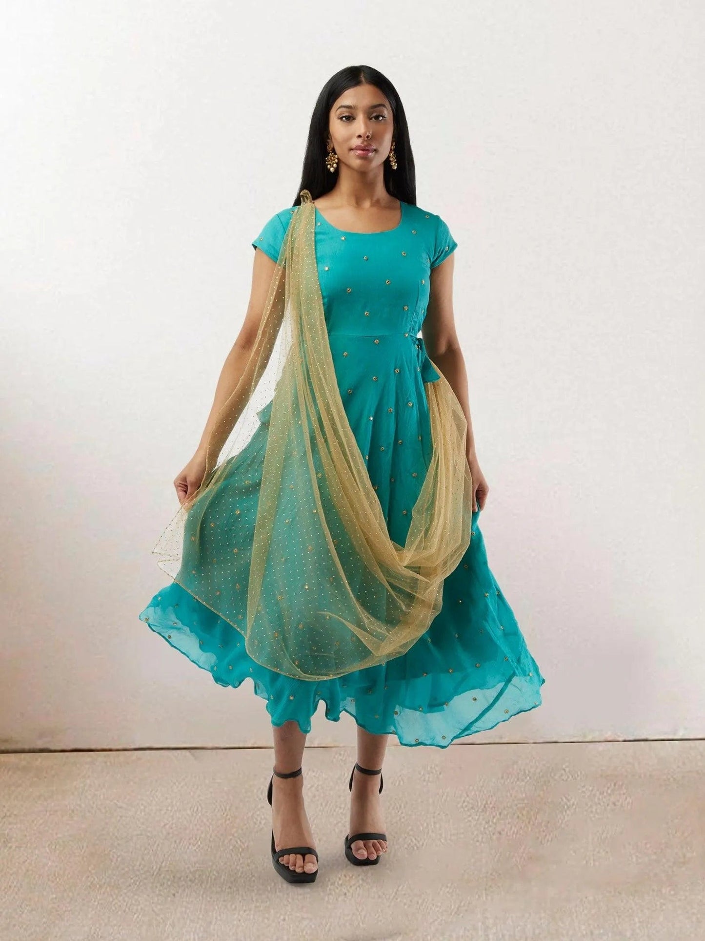 Persian Green Banarasi Georgette Dress with Gold Net Duppatta | Indian Ethnic Wear | Indian Attire For Women | festive indian wear | indian wear usa | Indo Western Outfits