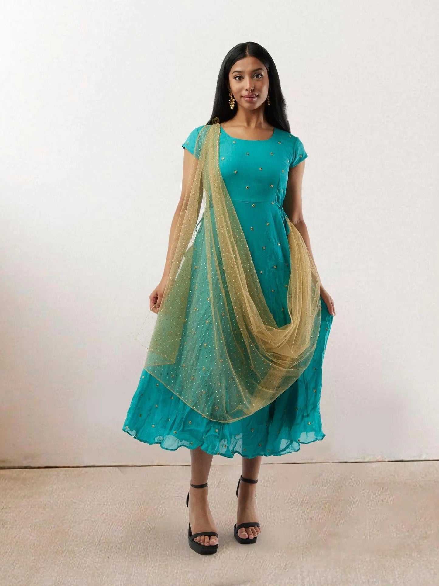 Persian Green Banarasi Georgette Dress with Gold Net Duppatta | Indian Ethnic Wear | Indian Attire For Women | festive indian wear | indian wear usa | Indo Western Outfits