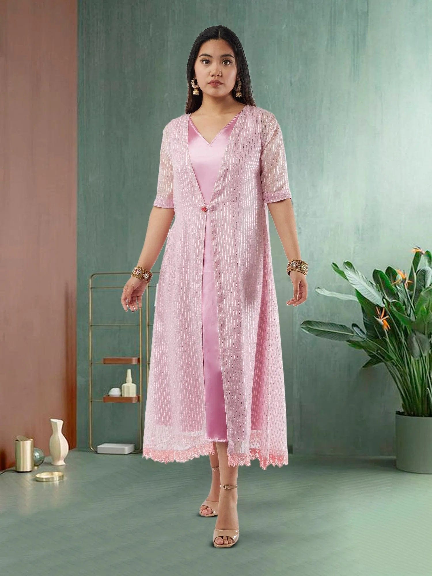 Pink Silver Layered Indo Western Dress | Muvvas Boutique Large / Pink / Chiffon Pink Silver Layered Indo Western Dress | Muvvas Boutique Large / Pink / Chiffon