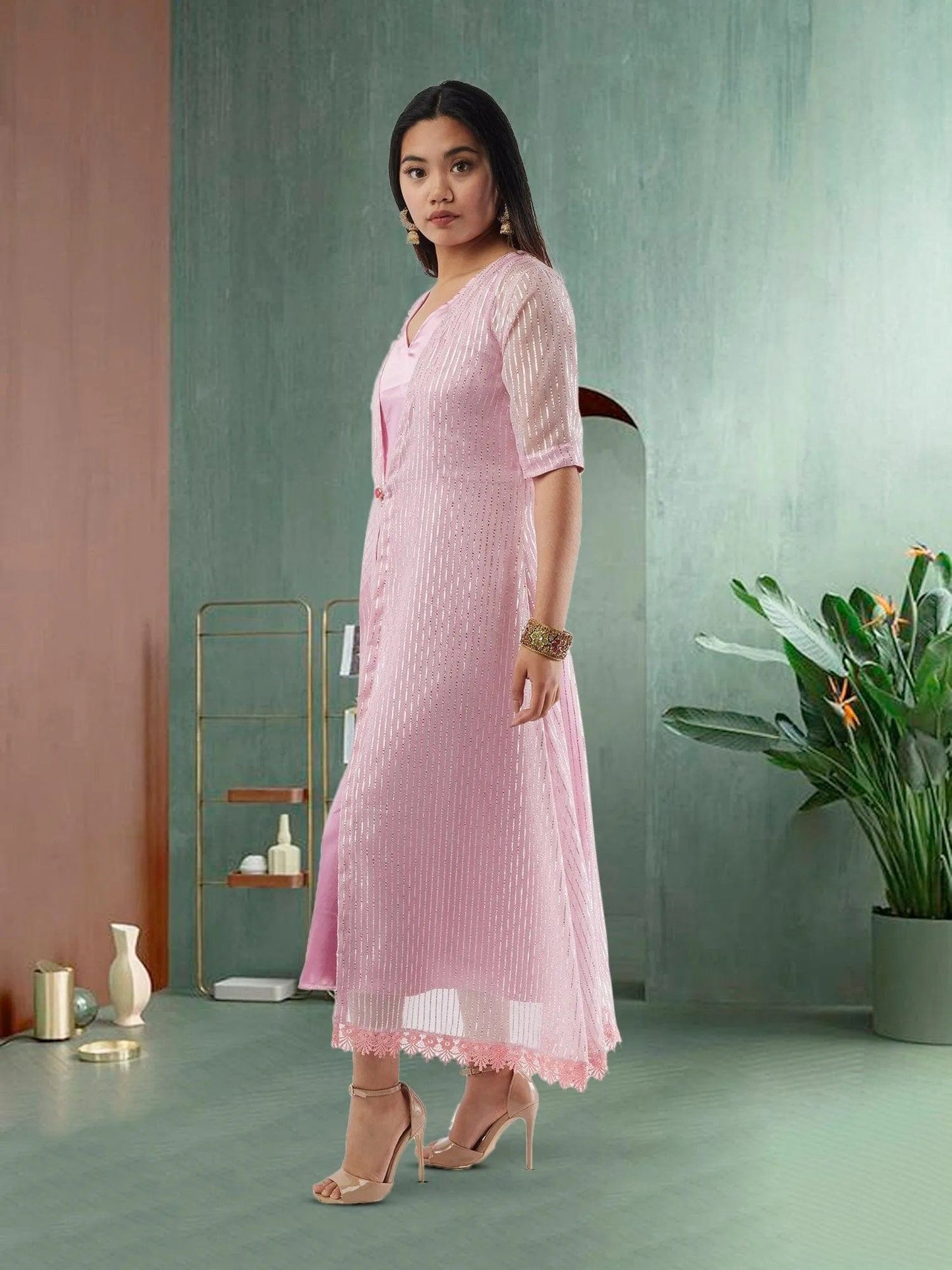 Pink and Silver Two Piece Layered Ankle Length Dress | Indo Western Dress | Modern Indian Wear | indian party dress for women | indian wear usa | Indo Western Outfits