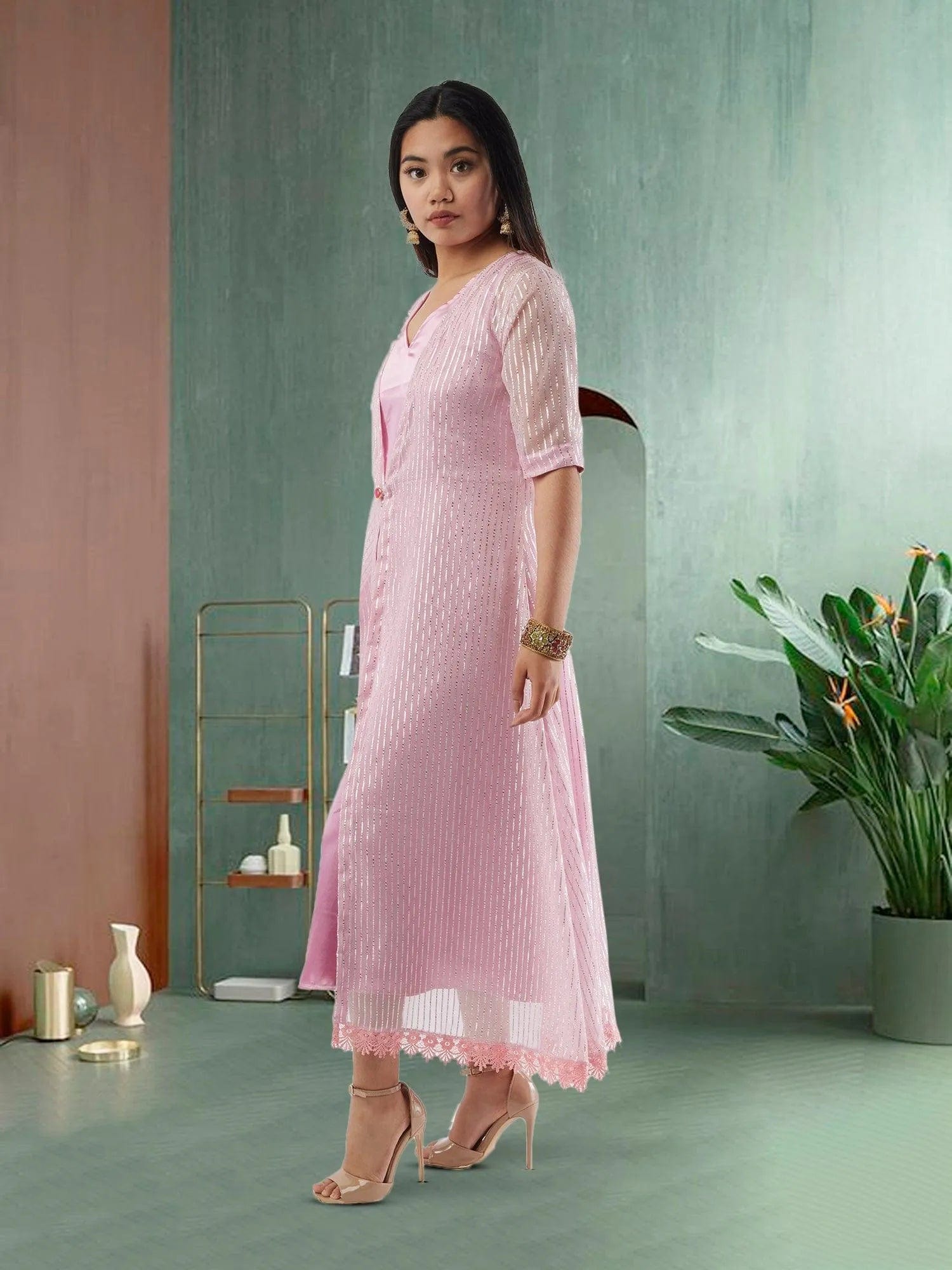 Pink and Silver Two Piece Layered Ankle Length Dress | Indo Western Dress | Modern Indian Wear | indian party dress for women | indian wear usa  | Indo Western Outfits