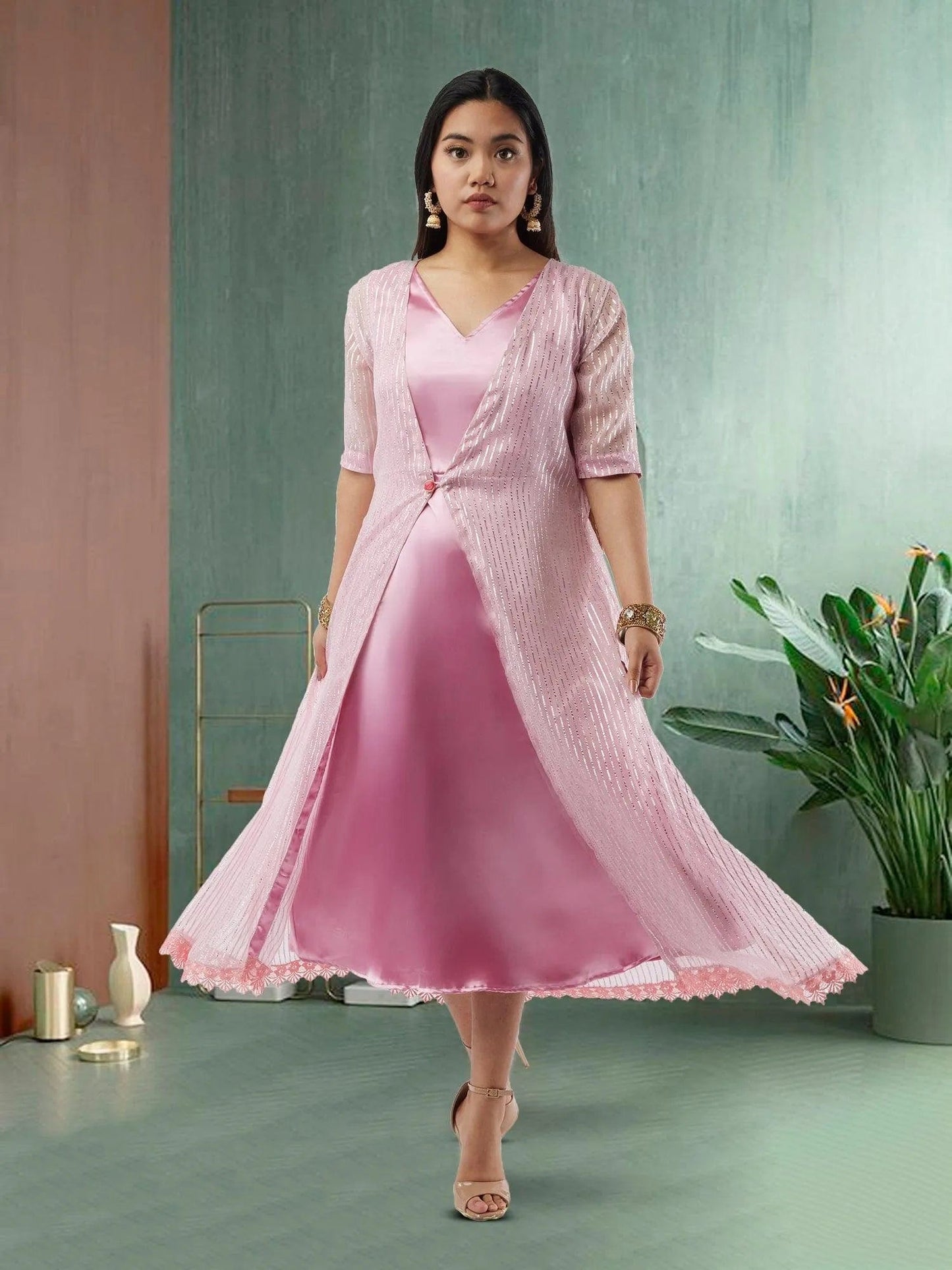 Pink and Silver Two Piece Layered Ankle Length Dress | Indo Western Dress | Modern Indian Wear | indian party dress for women | indian wear usa | Indo Western Outfits