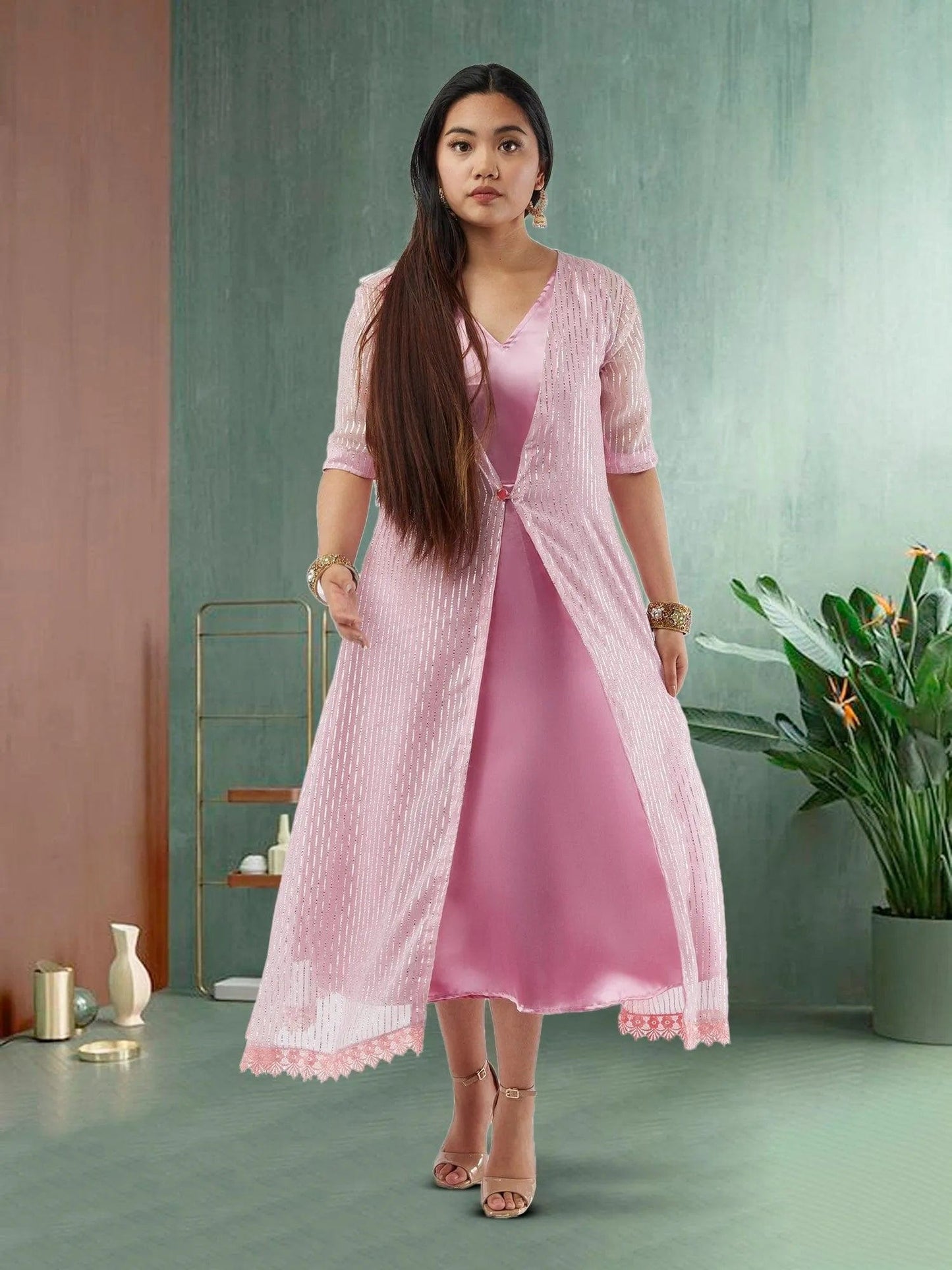 Pink and Silver Two Piece Layered Ankle Length Dress | Indo Western Dress | Modern Indian Wear | indian party dress for women | indian wear usa | Indo Western Outfits