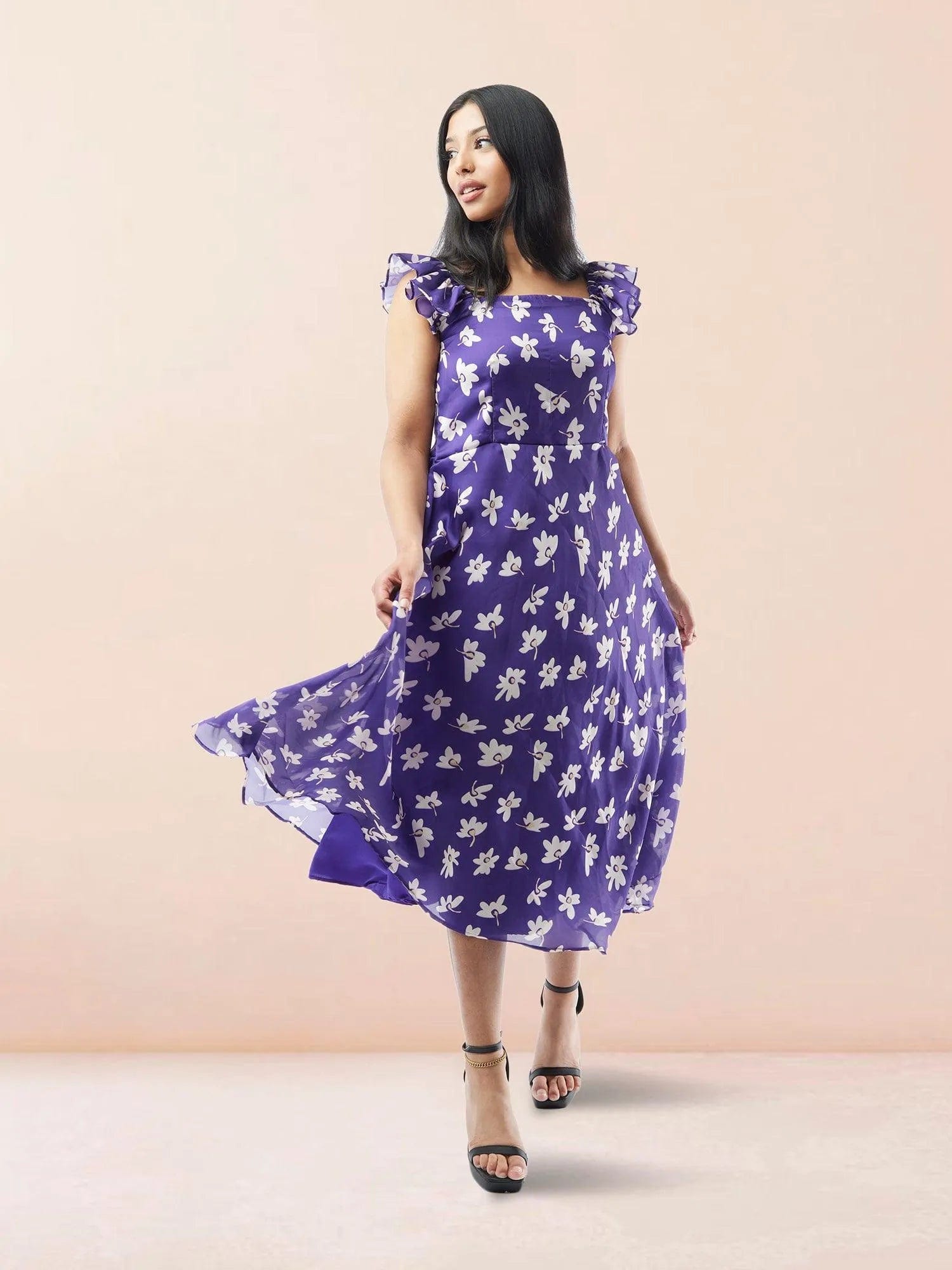 Purple Floral Chiffon Ankle-Length Dress | Muvvas Boutique Purple Floral Chiffon Ankle-Length Dress | Muvvas Boutique
