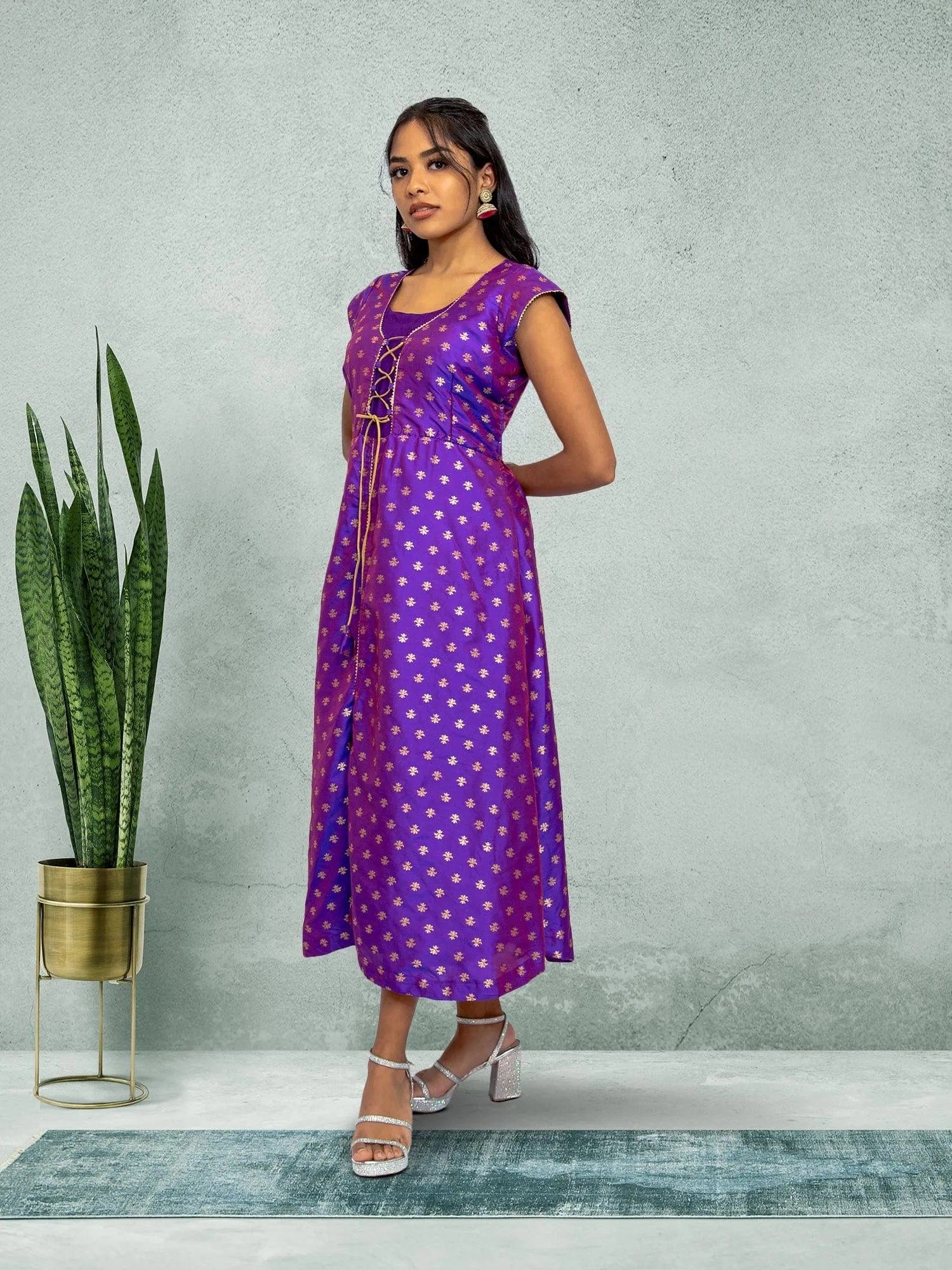 Purple Gold Silk Knee-Length Ethno-Chic Dress | Muvvas Boutique Purple Gold Silk Knee-Length Ethno-Chic Dress | Muvvas Boutique
