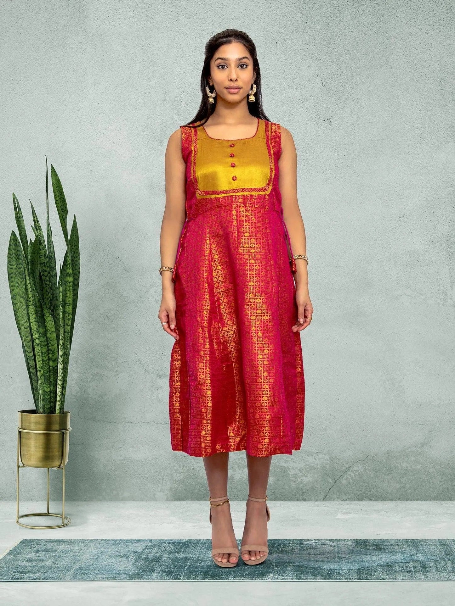 Red & Gold Silk Knee Length Dress - Traditional Style | Traditional Weddings | Weddings Engagement Parties | indian dress in usa online | Indian Ethnic Wear | Indian Attire For Women