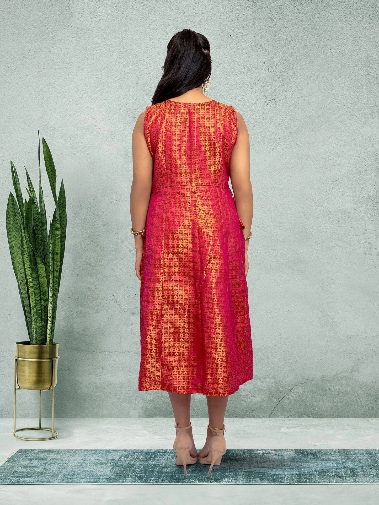 Red & Gold Silk Knee Length Dress - Traditional Style | Traditional Weddings | Weddings Engagement Parties | indian dress in usa online | Indian Ethnic Wear | Indian Attire For Women