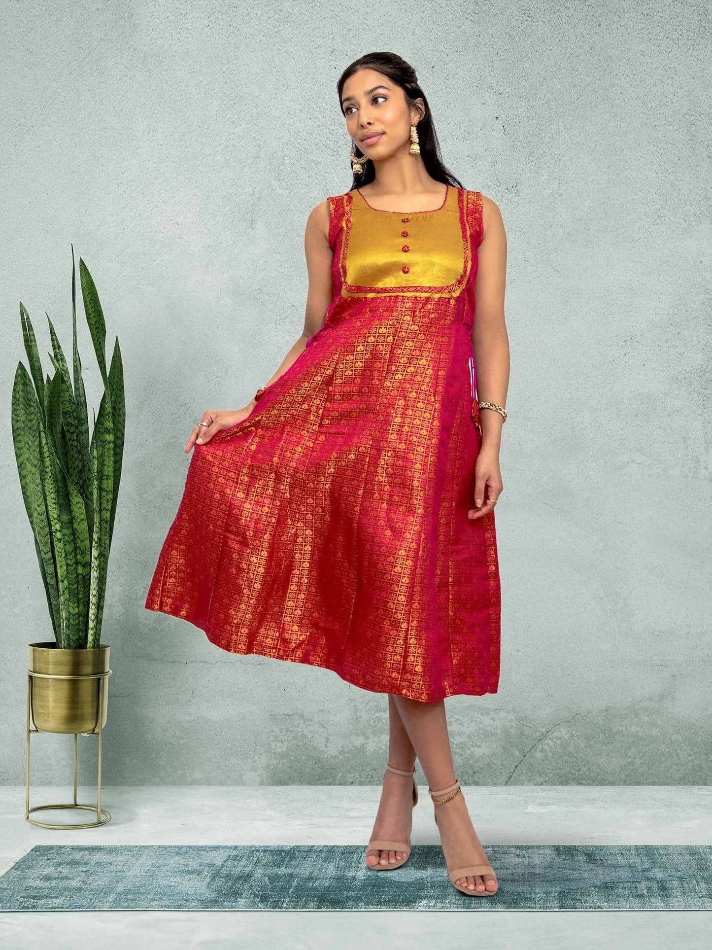 Red & Gold Silk Knee Length Dress - Traditional Style | Traditional Weddings | Weddings Engagement Parties | indian dress in usa online | Indian Ethnic Wear | Indian Attire For Women