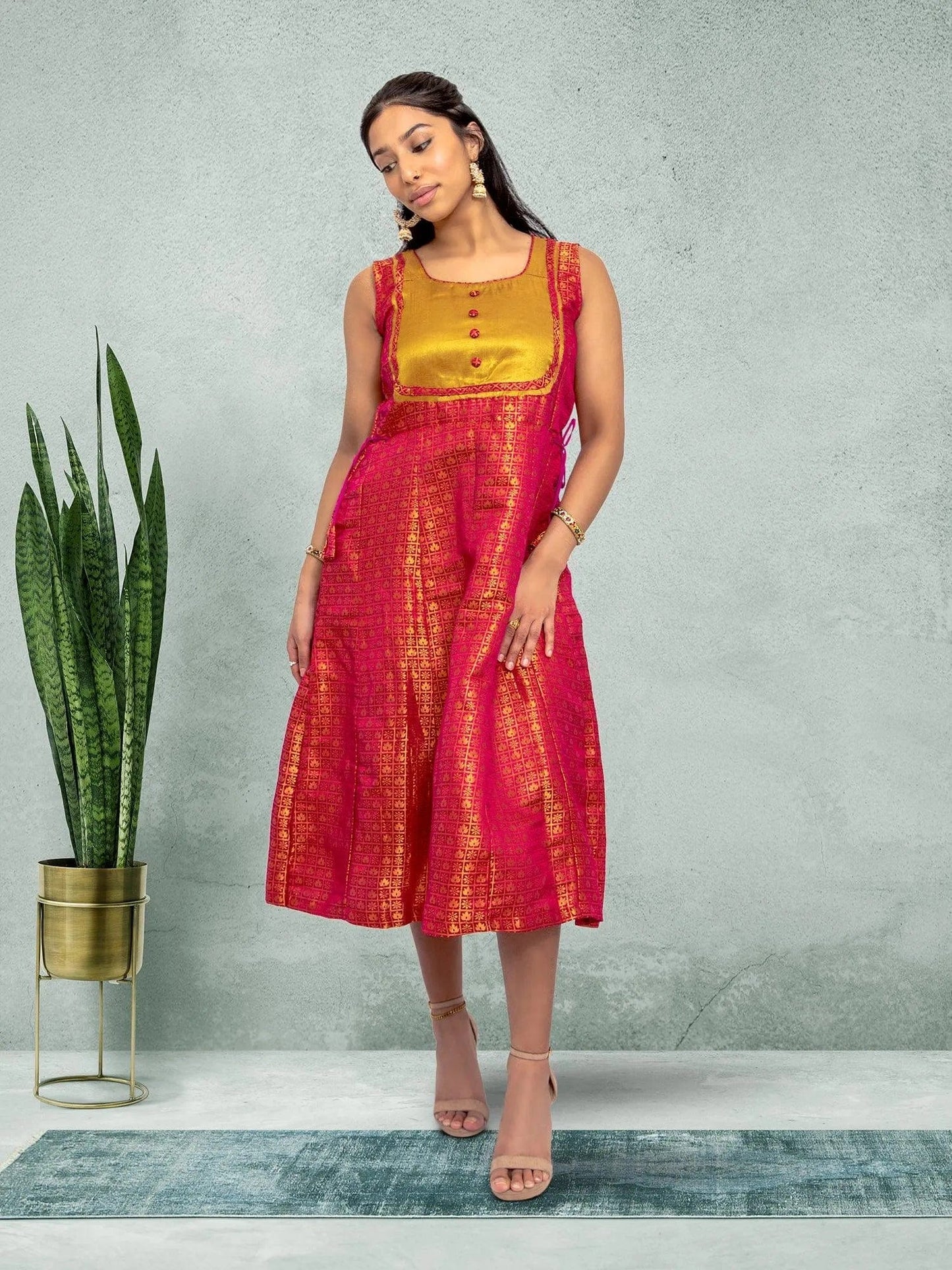 Red & Gold Silk Knee Length Dress - Traditional Style | Traditional Weddings | Weddings Engagement Parties | indian dress in usa online | Indian Ethnic Wear | Indian Attire For Women