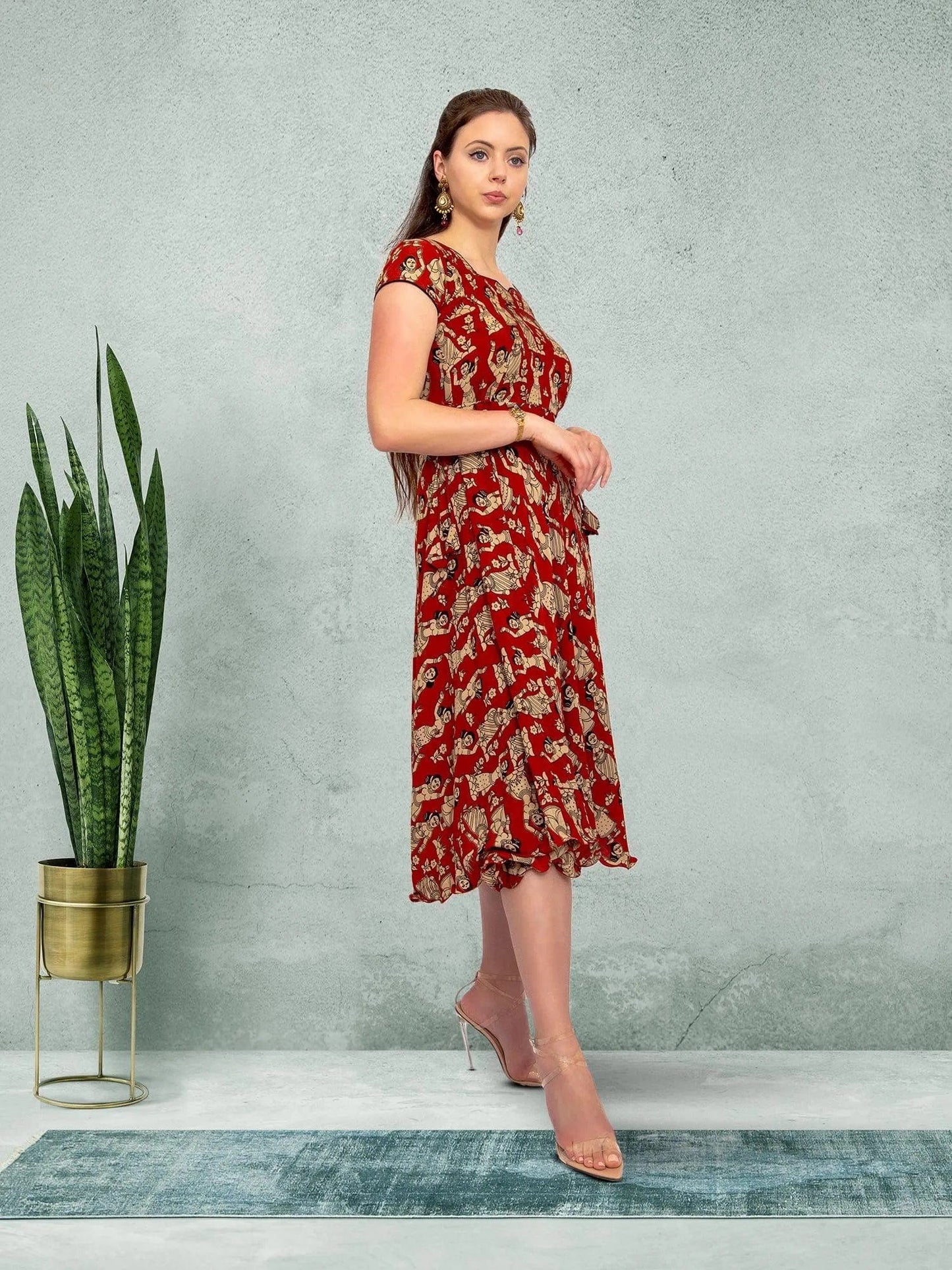 Red Knee Length Dress - Elegant Fusion Style | Indian Contemporary Clothing | indian outfits usa | Indian Ethnic Wear | Modern Indian Wear | Indian Attire For Women