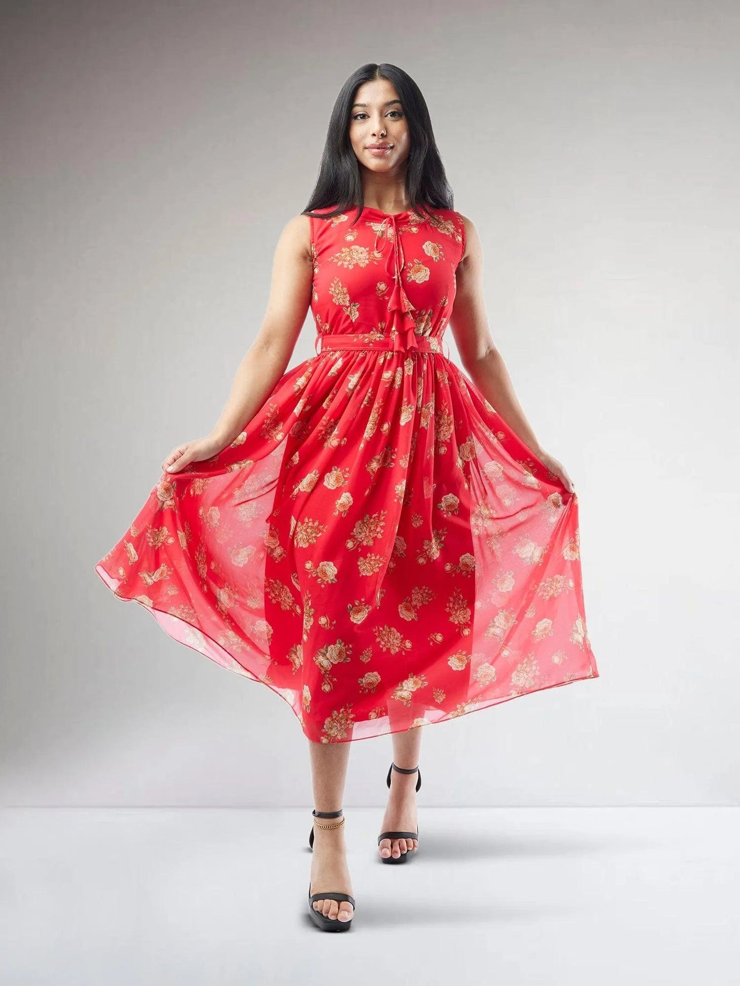 Red Printed Chiffon Knee Length Indo Western Dress | Modern Indian Wear | Indian Attire For Women | formal indian dress | Indo Western Outfits | indian wear usa
