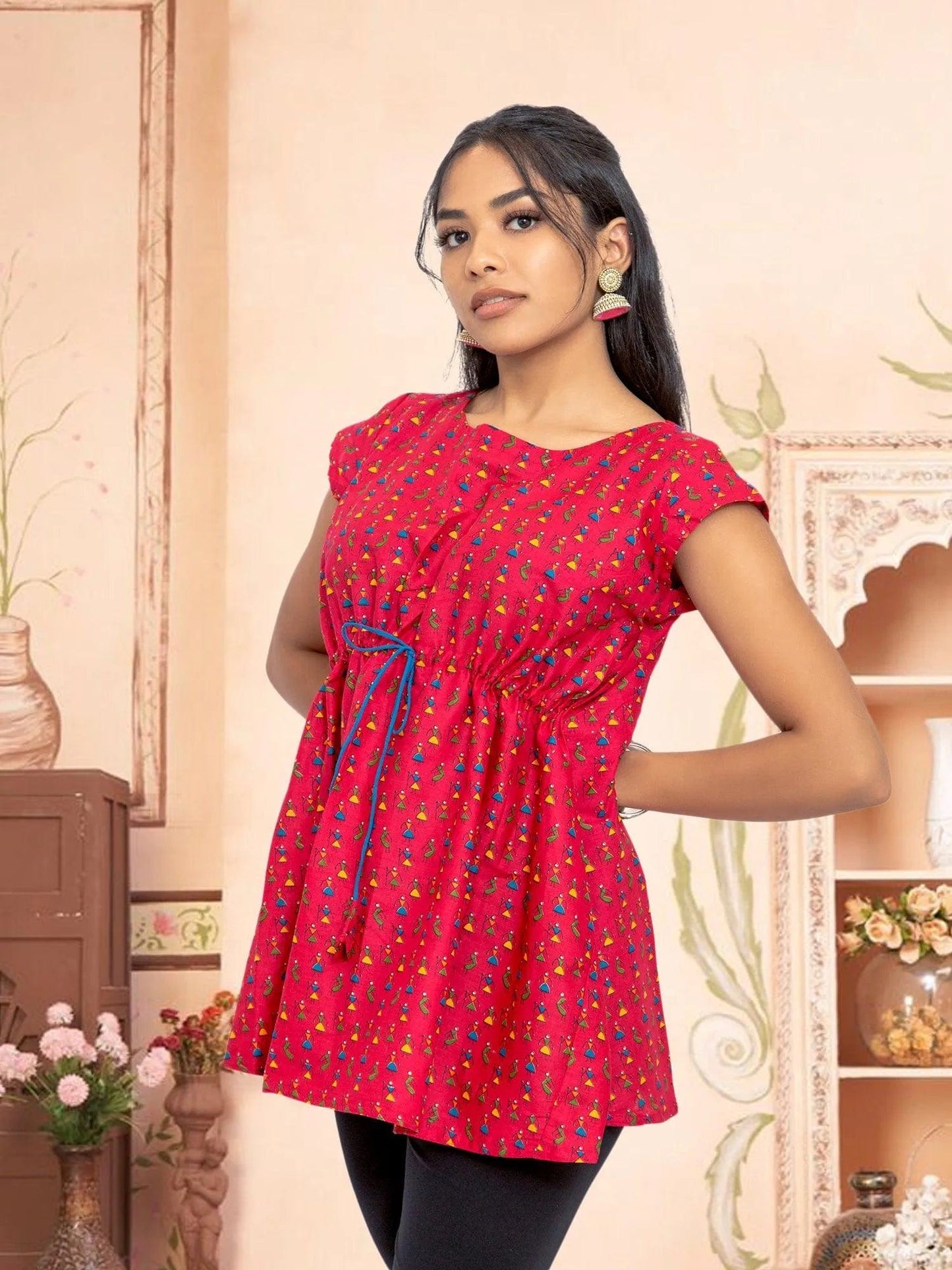Red Printed Short Top | Casual Indian Attire For Women | Short Kurtis | Indian Wear for Women | Women's Tops | Indian Short Tops | Indian Wear for Women | Modern Indian Wear