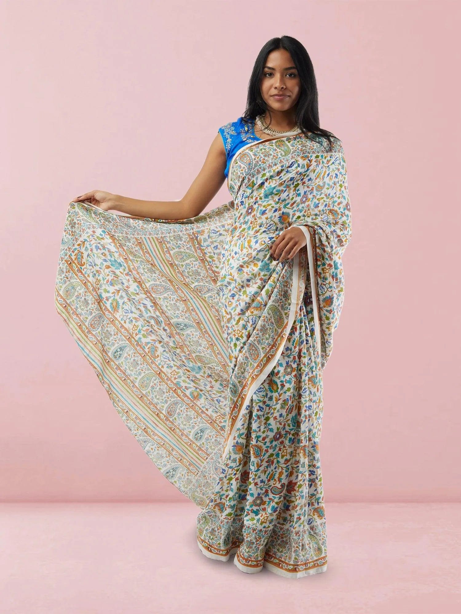 White Printed Kashmiri Silk Saree | Sarees Online USA | Indian Ethnic Wear | Sarees From India