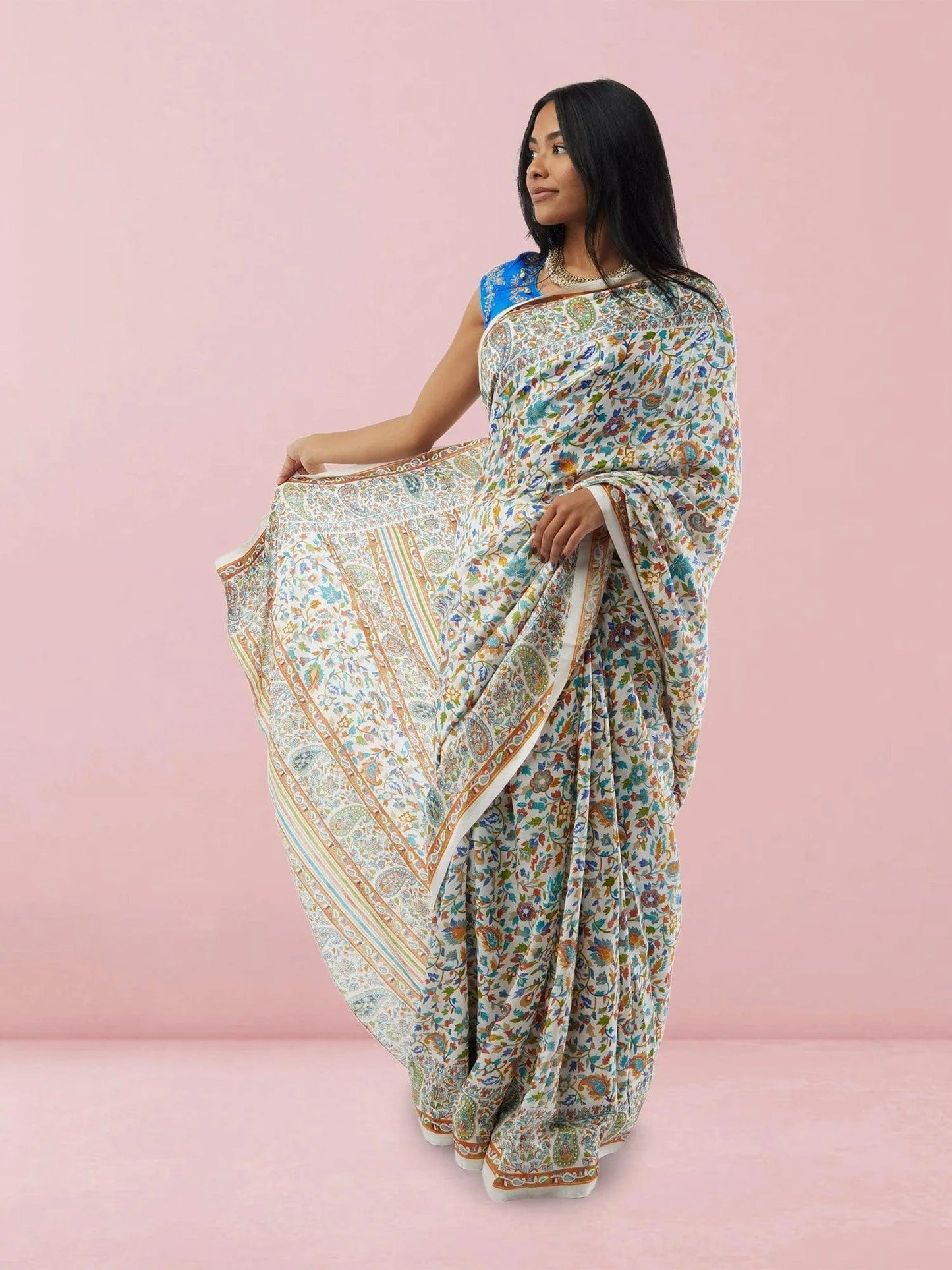 White Printed Kashmiri Silk Saree | Sarees Online USA | Indian Ethnic Wear | Sarees From India