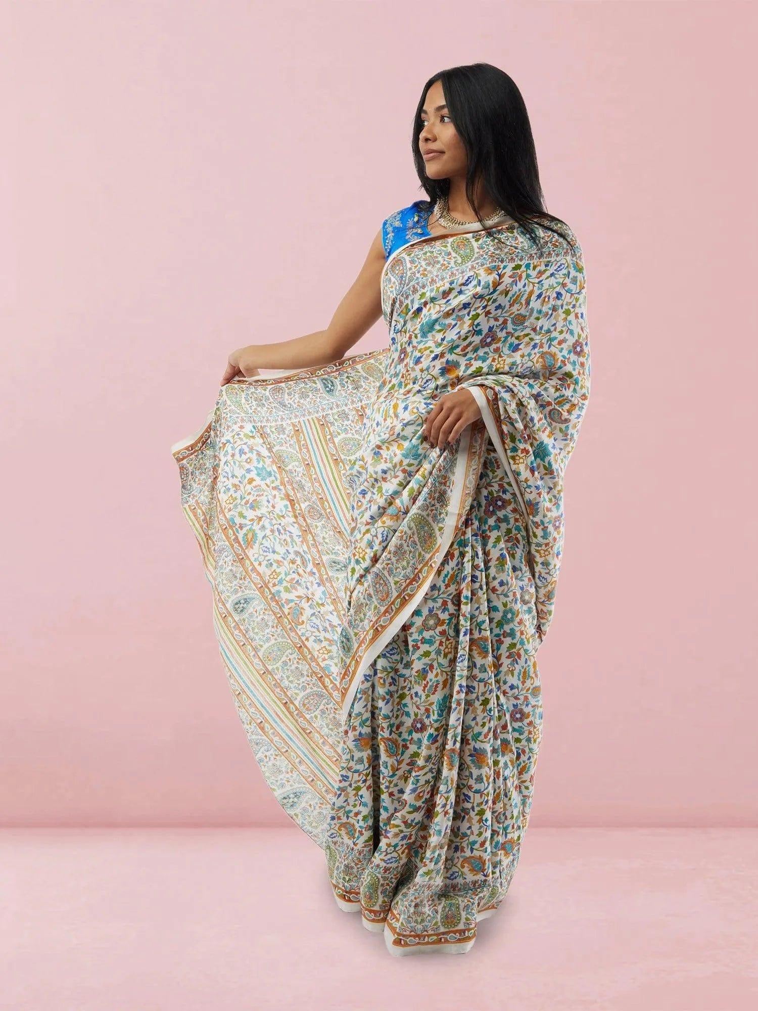 White Printed Kashmiri Silk Saree | Sarees Online USA | Indian Ethnic Wear | Sarees From India