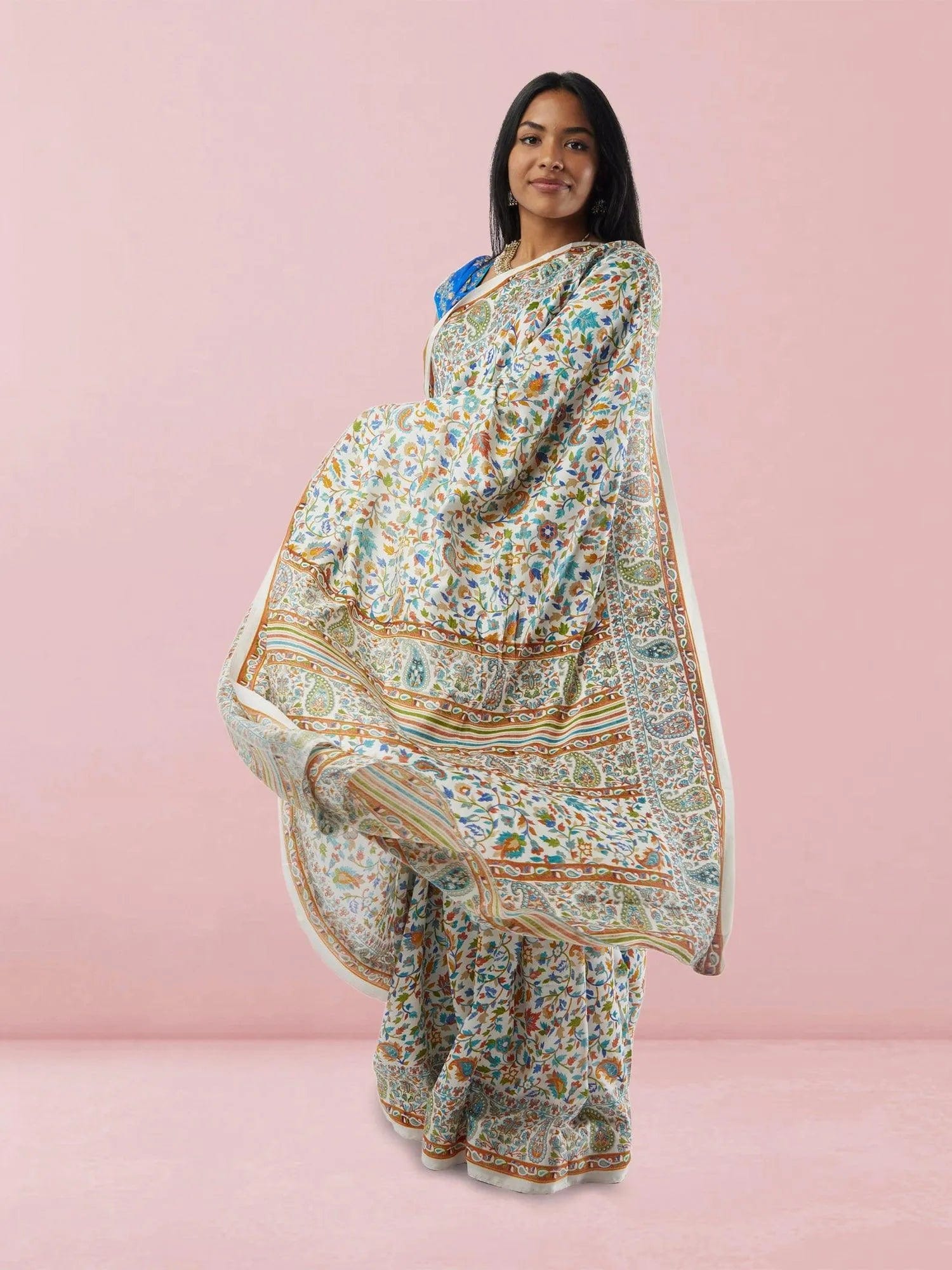 White Printed Kashmiri Silk Saree | Sarees Online USA | Indian Ethnic Wear | Sarees From India