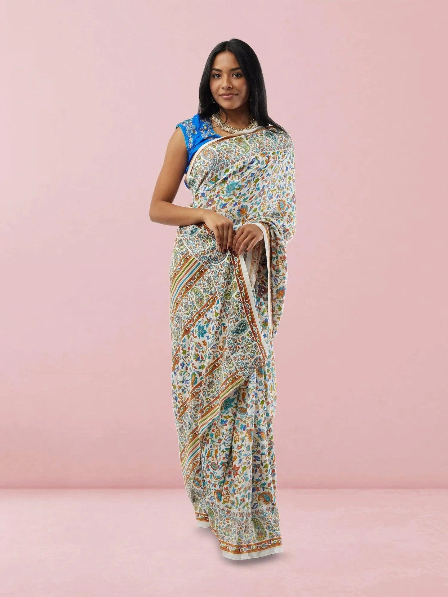 White Printed Kashmiri Silk Saree | Sarees Online USA | Indian Ethnic Wear | Sarees From India