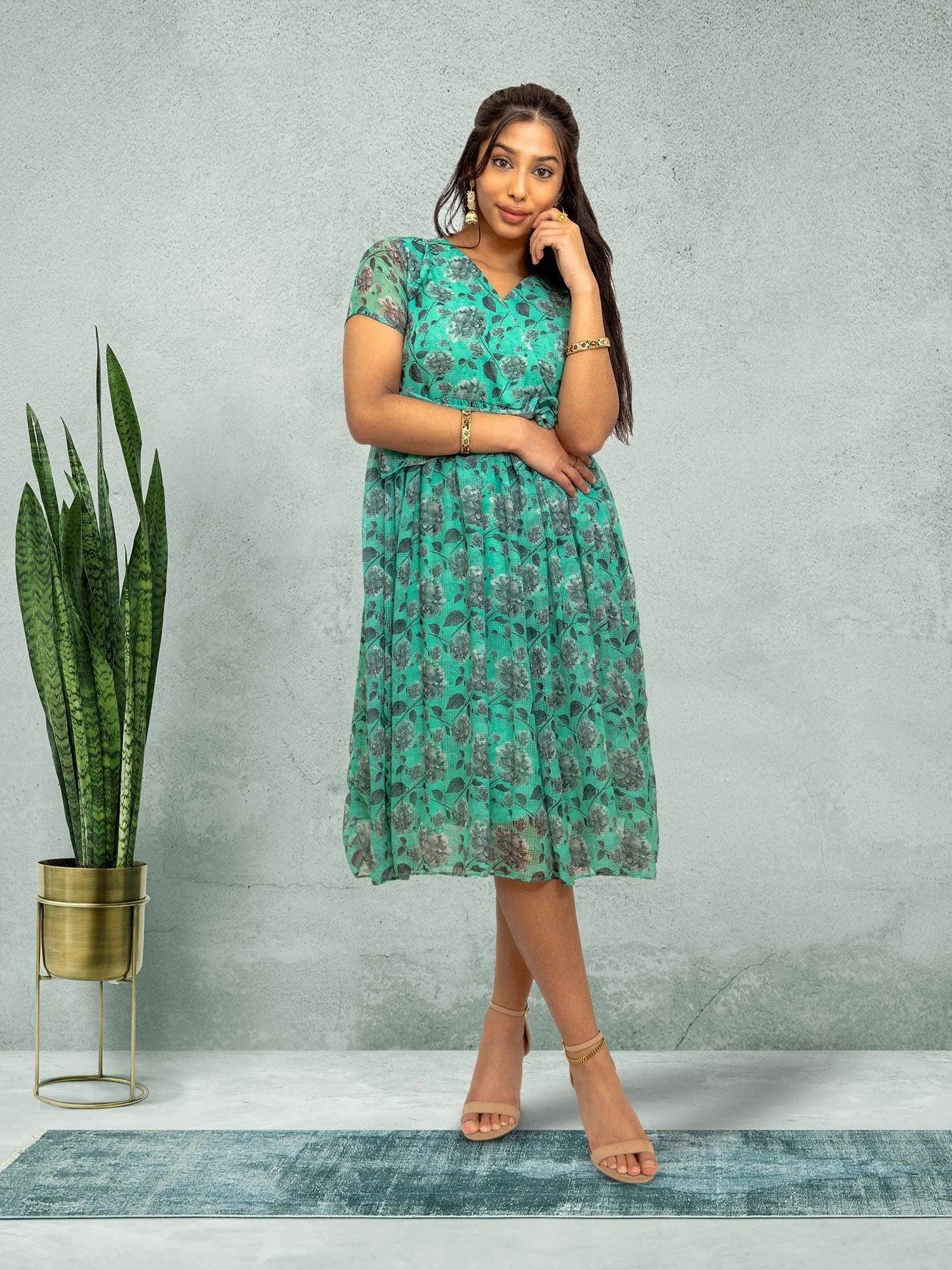 Sea Green Color Printed Dress With Bow | indian dress in usa online | Indian Ethnic Wear | Indian Dresses From India  | Modern Indian Wear | Indian Attire For Women