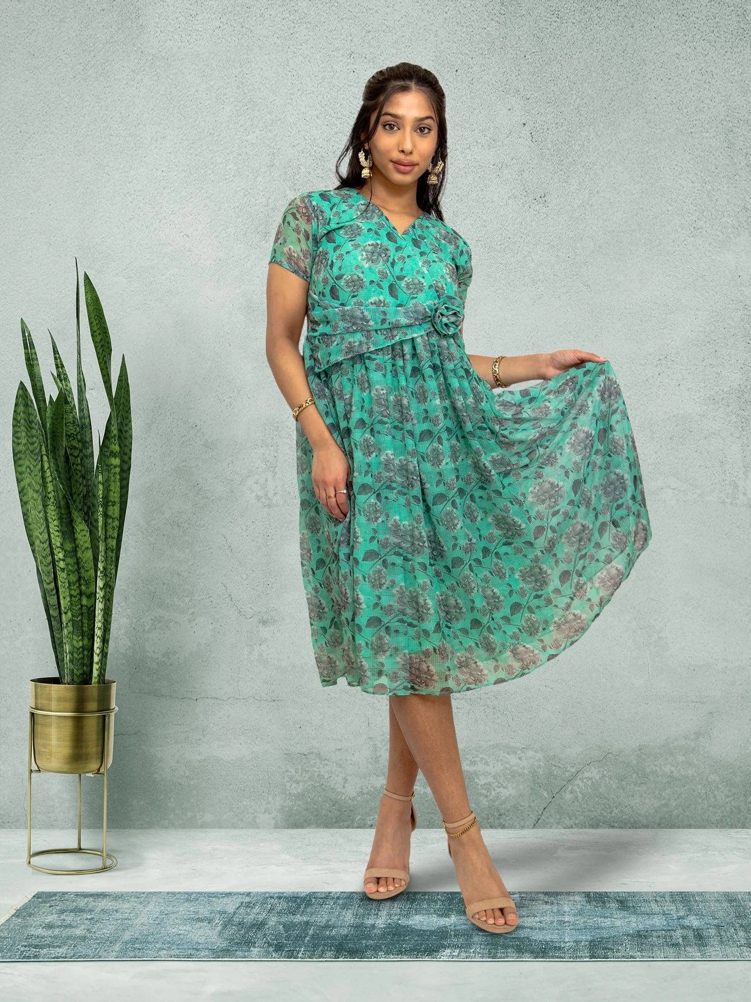 Sea Green Color Printed Dress With Bow | indian dress in usa online | Indian Ethnic Wear | Indian Dresses From India  | Modern Indian Wear | Indian Attire For Women