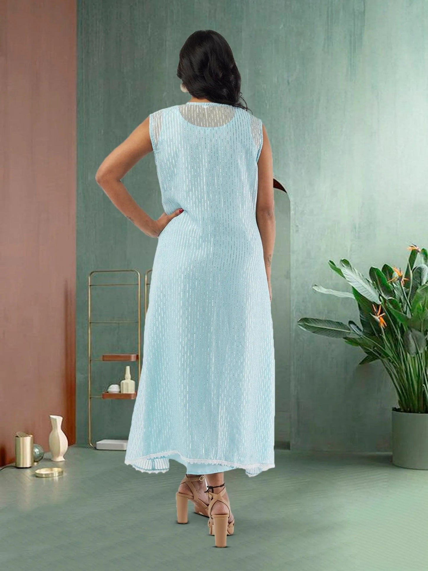 Sky Blue and Silver Two Piece Layered Ankle Length Dress | Indo Western Dress | Modern Indian Wear | indian outfits usa | Indo Western Outfits | indian clothing online usa