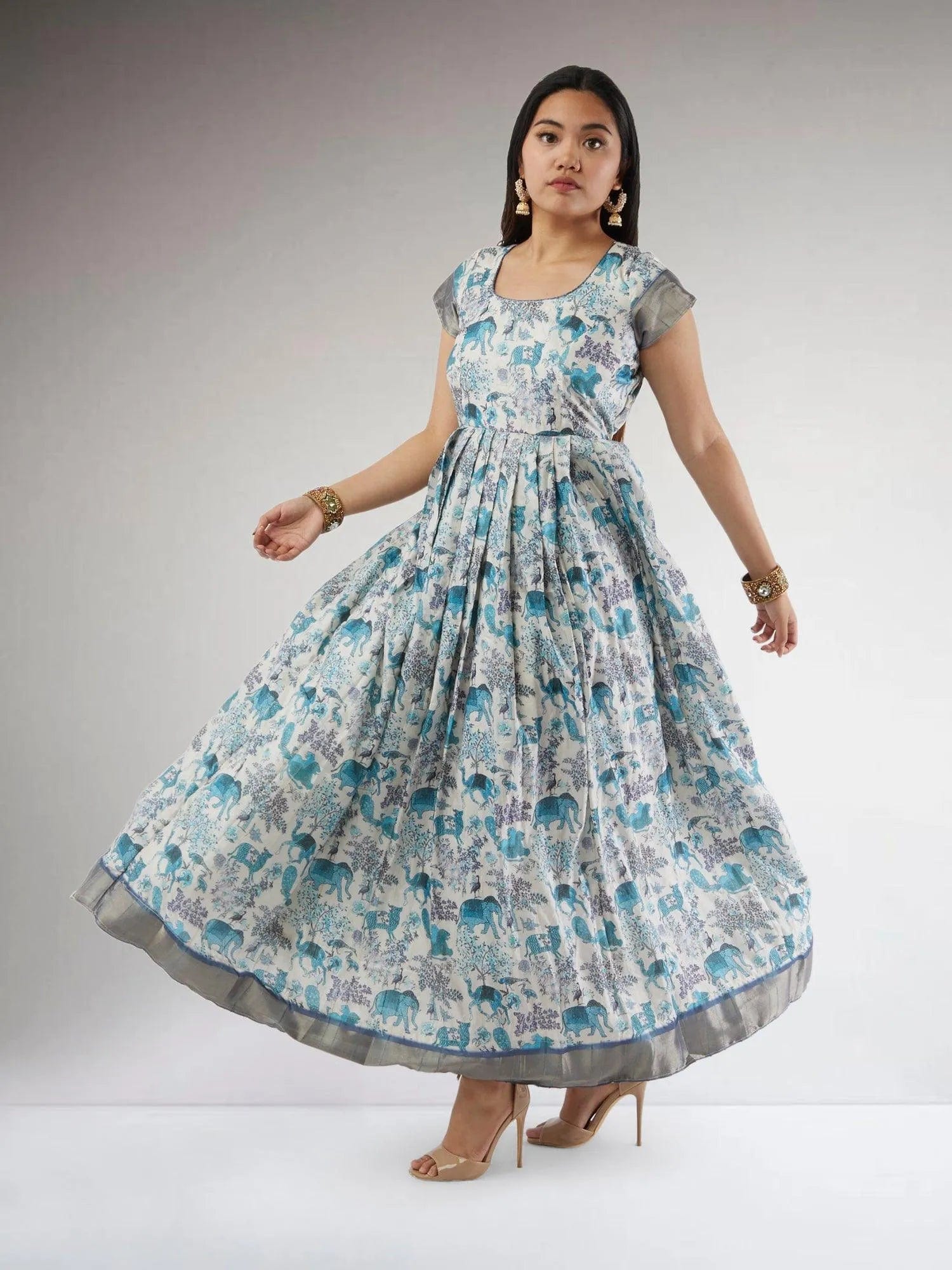 White and Blue Kalankari Ankle-Length Dress | Muvvas Boutique White and Blue Kalankari Ankle-Length Dress | Muvvas Boutique