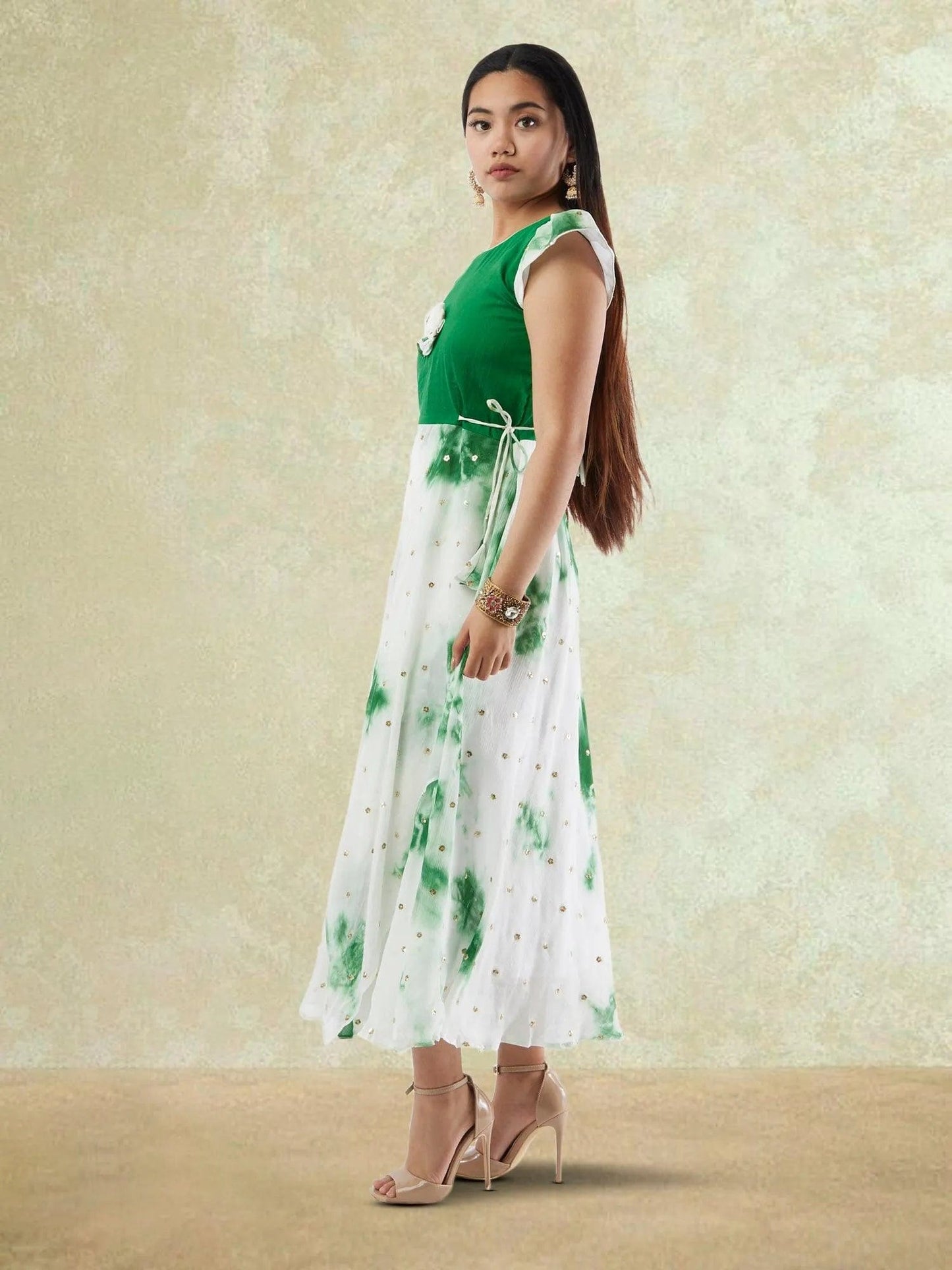 White and Green Shibori Printed Georgette Layered Dress with Gold Butta | Indo Western Dress | formal indian dress | Indo Western Outfits | indian wear usa