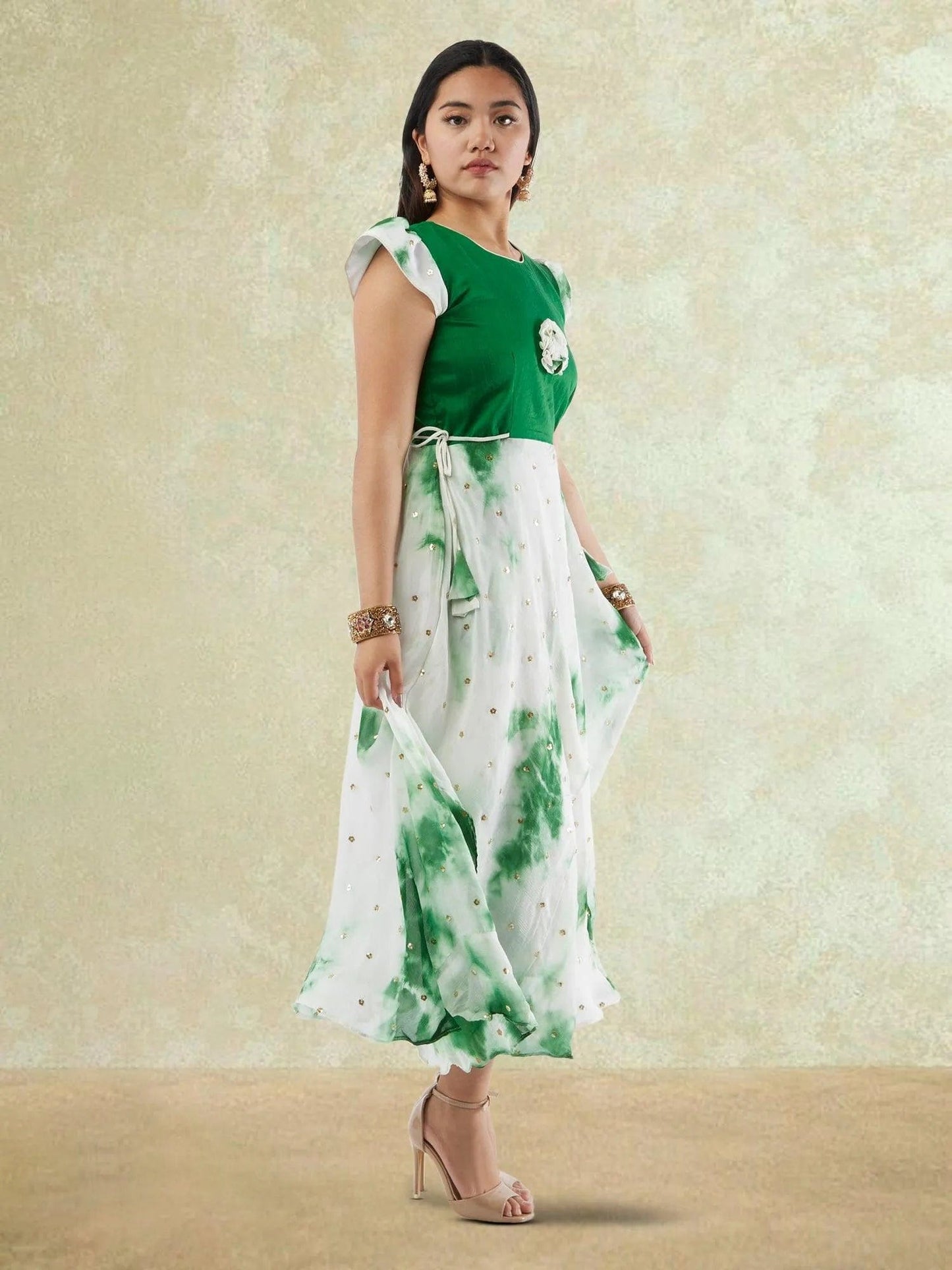 White and Green Shibori Printed Georgette Layered Dress with Gold Butta | Indo Western Dress | formal indian dress | Indo Western Outfits | indian wear usa