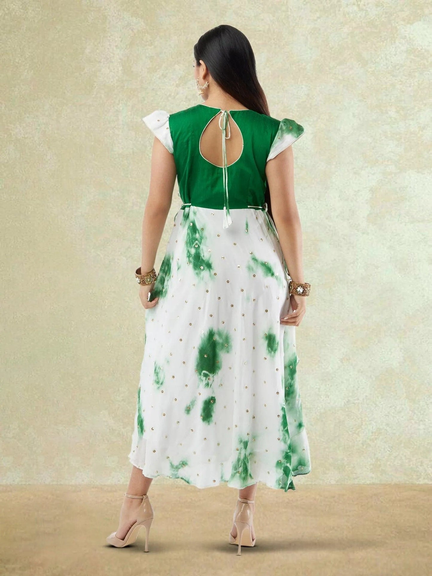 White and Green Shibori Printed Georgette Layered Dress with Gold Butta | Indo Western Dress | formal indian dress | Indo Western Outfits | indian wear usa