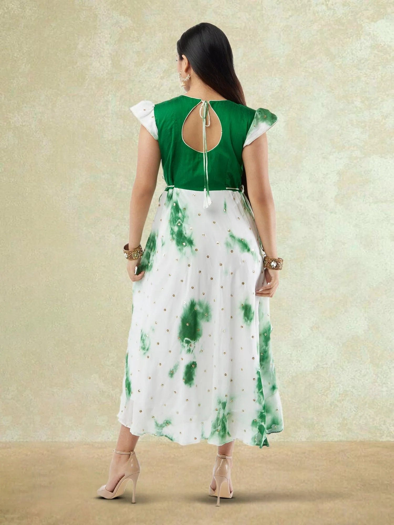 White and Green Shibori Printed Georgette Layered Dress with Gold Butta | Indo Western Dress | formal indian dress | Indo Western Outfits | indian wear usa