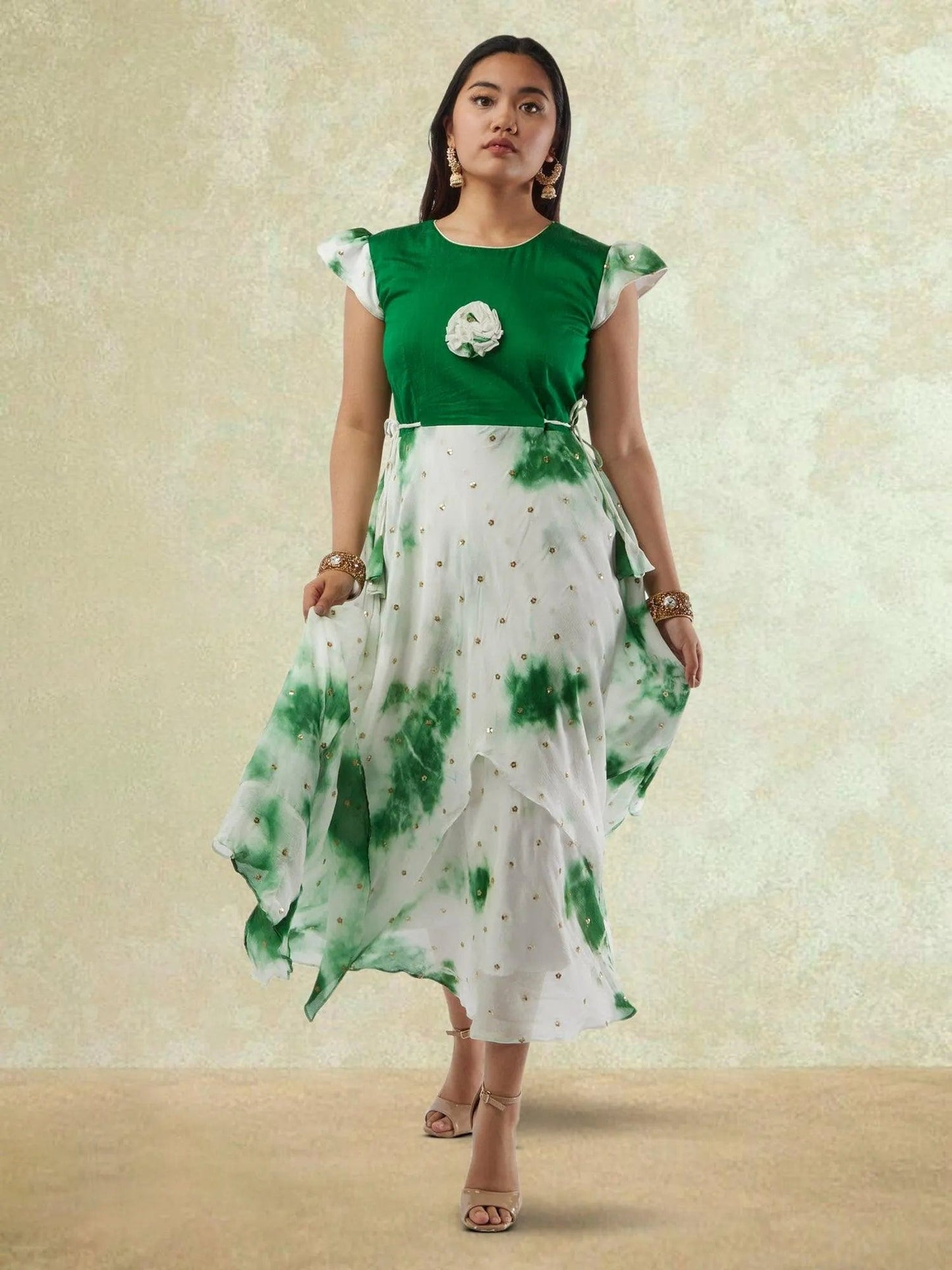 White and Green Shibori Printed Georgette Layered Dress with Gold Butta | Indo Western Dress | formal indian dress | Indo Western Outfits | indian wear usa