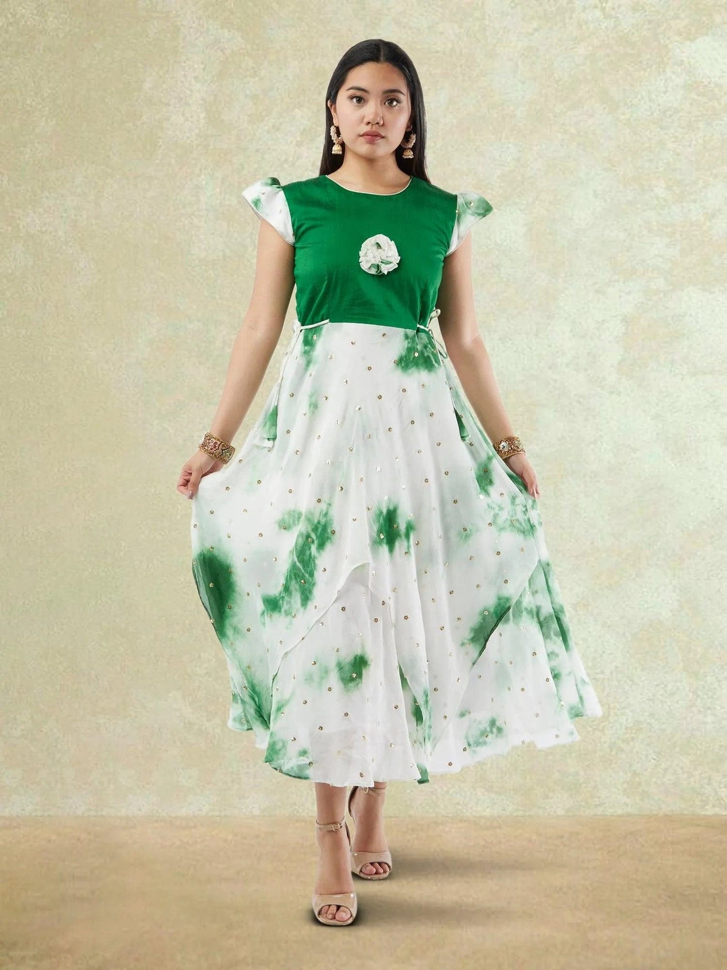 White and Green Shibori Printed Georgette Layered Dress with Gold Butta | Indo Western Dress | formal indian dress | Indo Western Outfits | indian wear usa