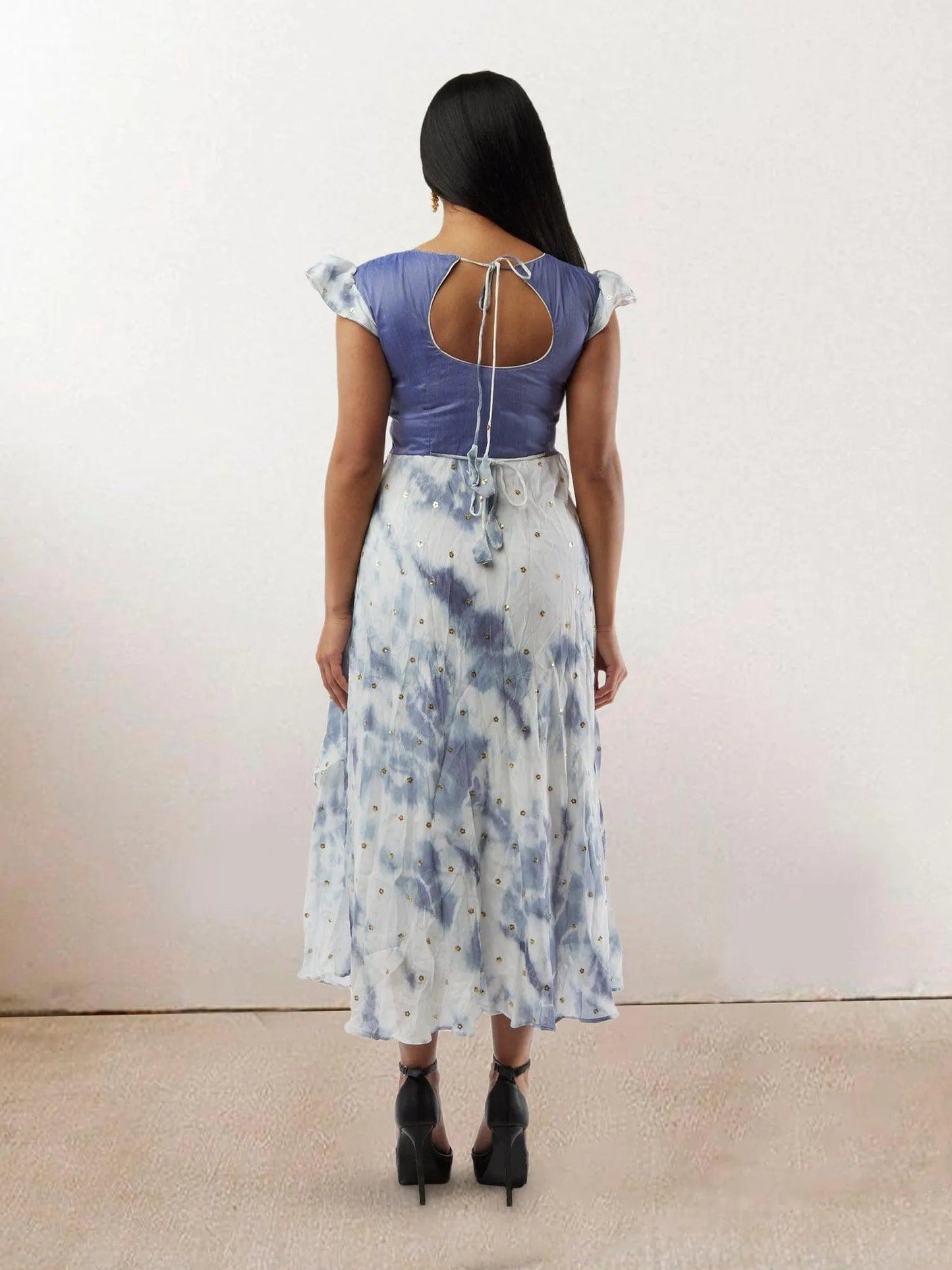 White and Lavender Shibori Printed Georgette Layered Dress with Gold Butta | Indo Western Dress | formal indian dress | Indo Western Outfits | indian wear usa