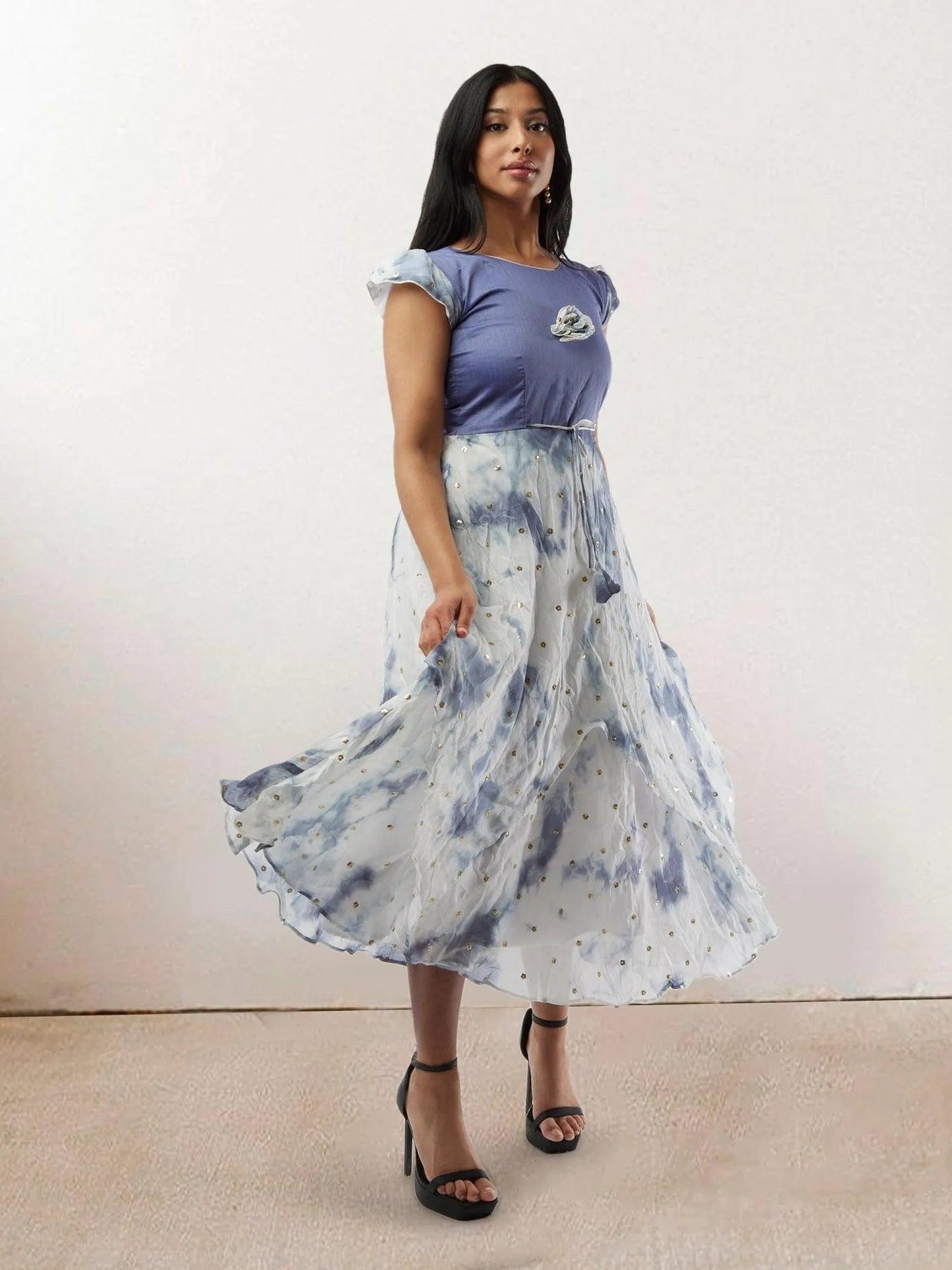White and Lavender Shibori Printed Georgette Layered Dress with Gold Butta | Indo Western Dress | formal indian dress | Indo Western Outfits | indian wear usa