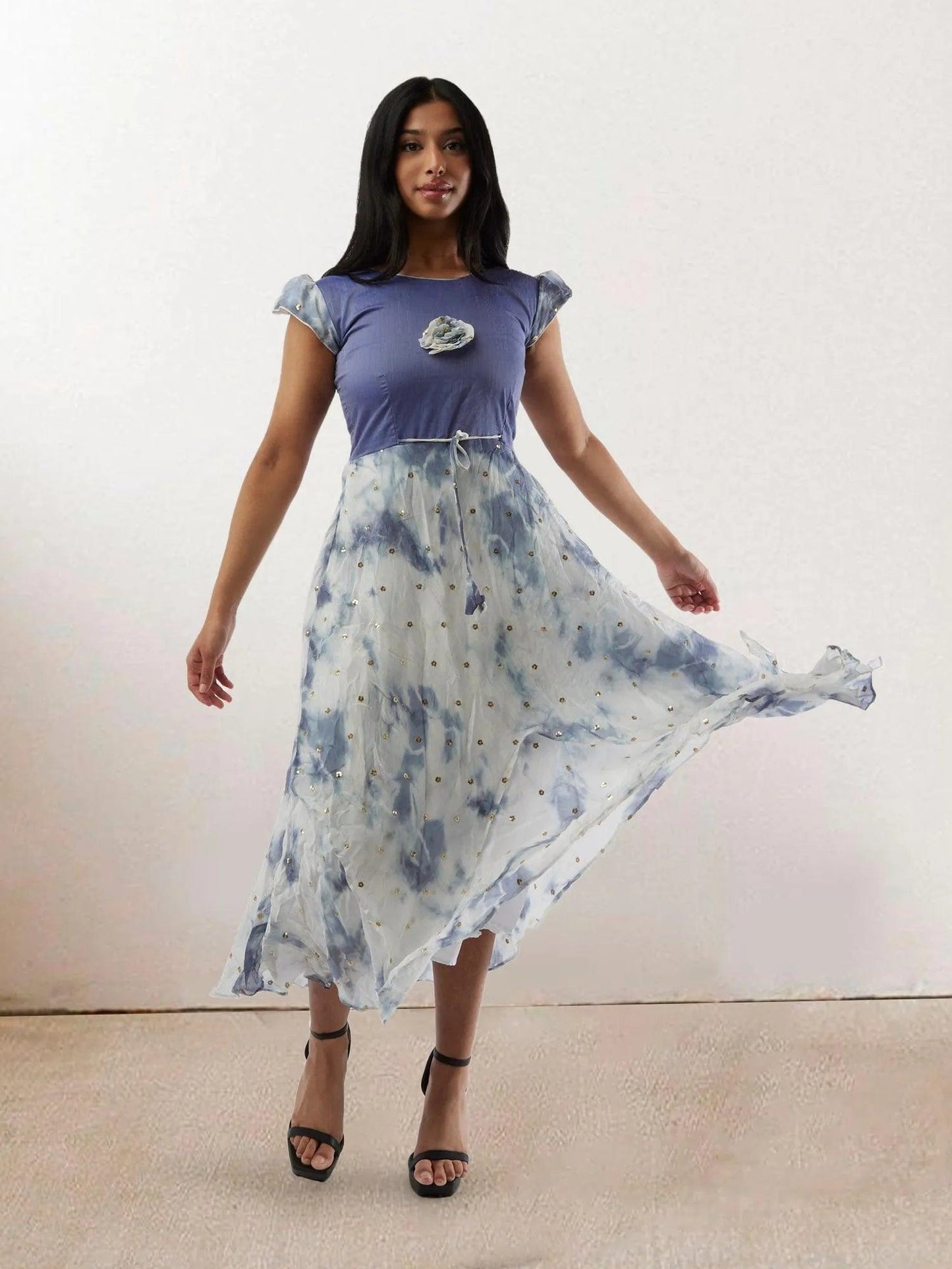 White and Lavender Shibori Printed Georgette Layered Dress with Gold Butta | Indo Western Dress | formal indian dress | Indo Western Outfits | indian wear usa