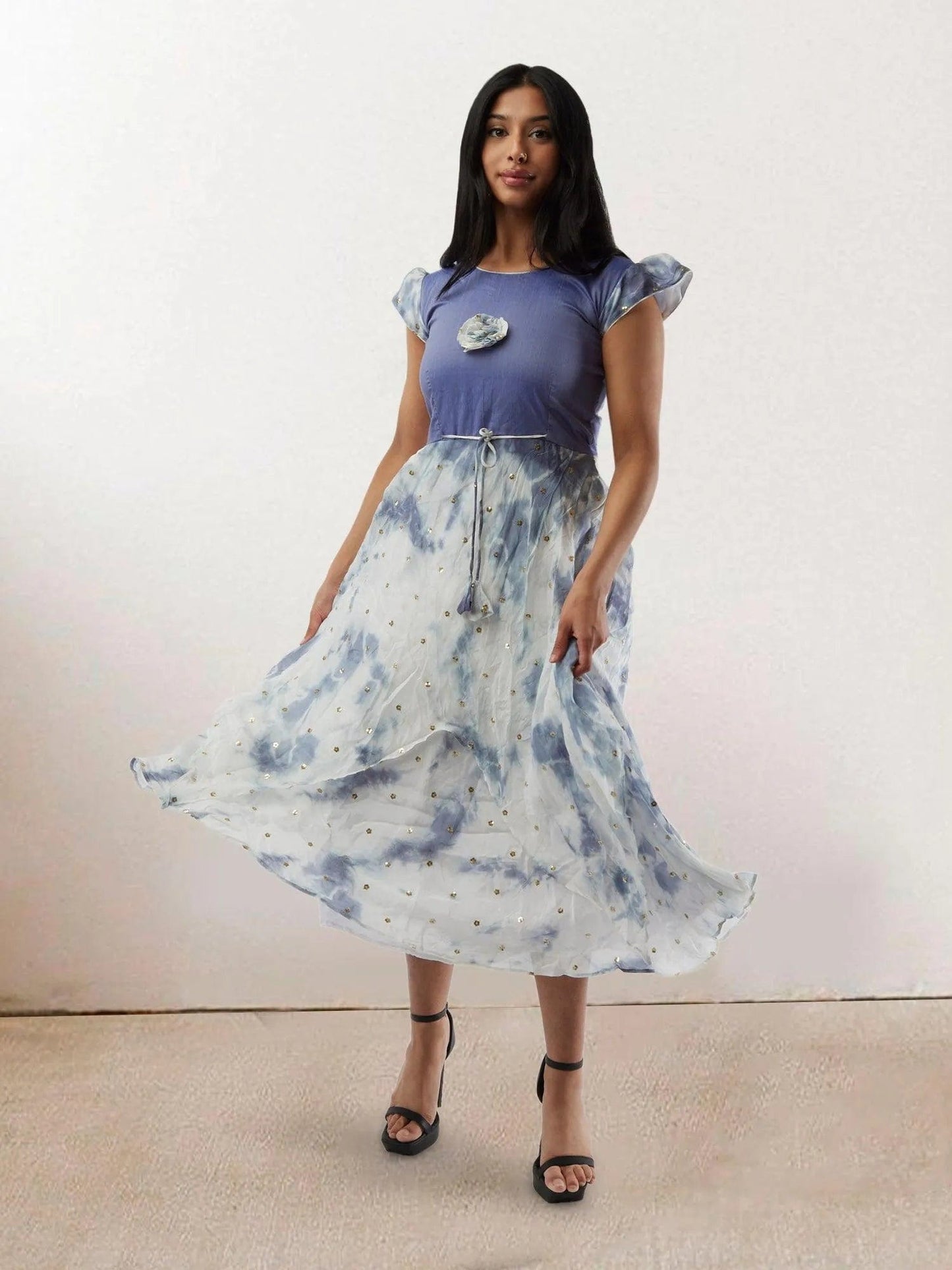 White and Lavender Shibori Printed Georgette Layered Dress with Gold Butta | Indo Western Dress | formal indian dress | Indo Western Outfits | indian wear usa